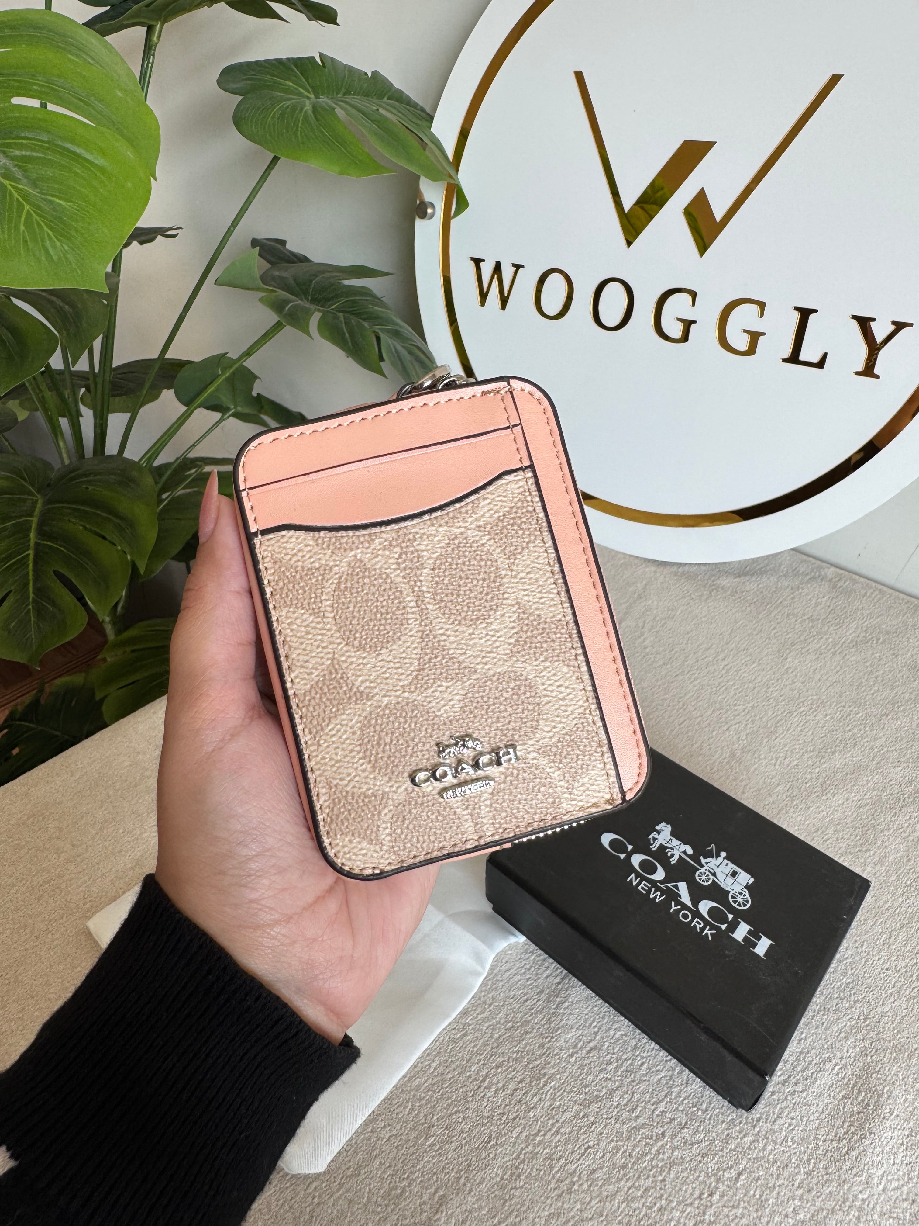 Coach Zip Card Case with Box Packing - Apricot Brown with Peach