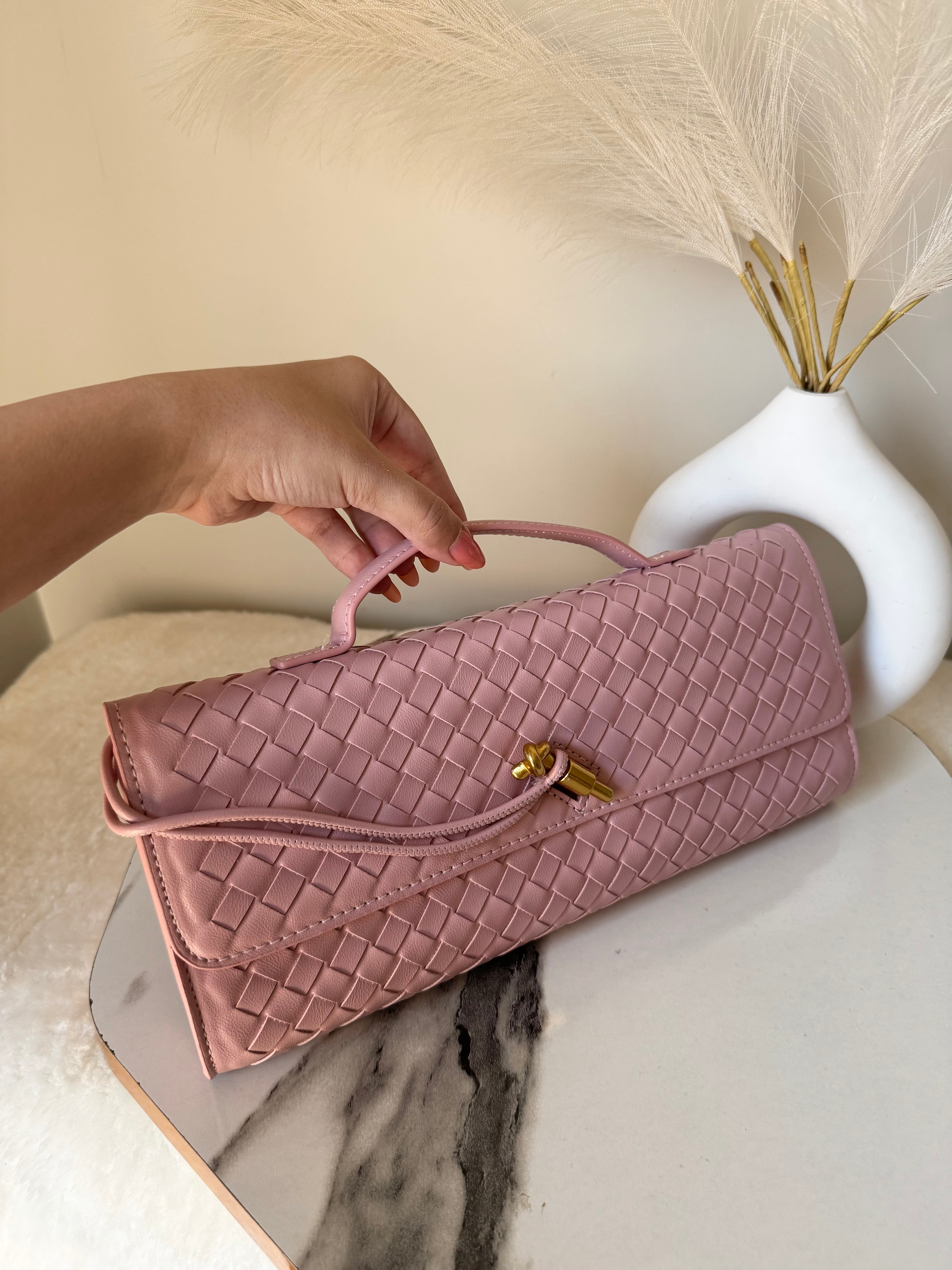Bottega Veneta Inspired Clutch (Pink) with Long Strap