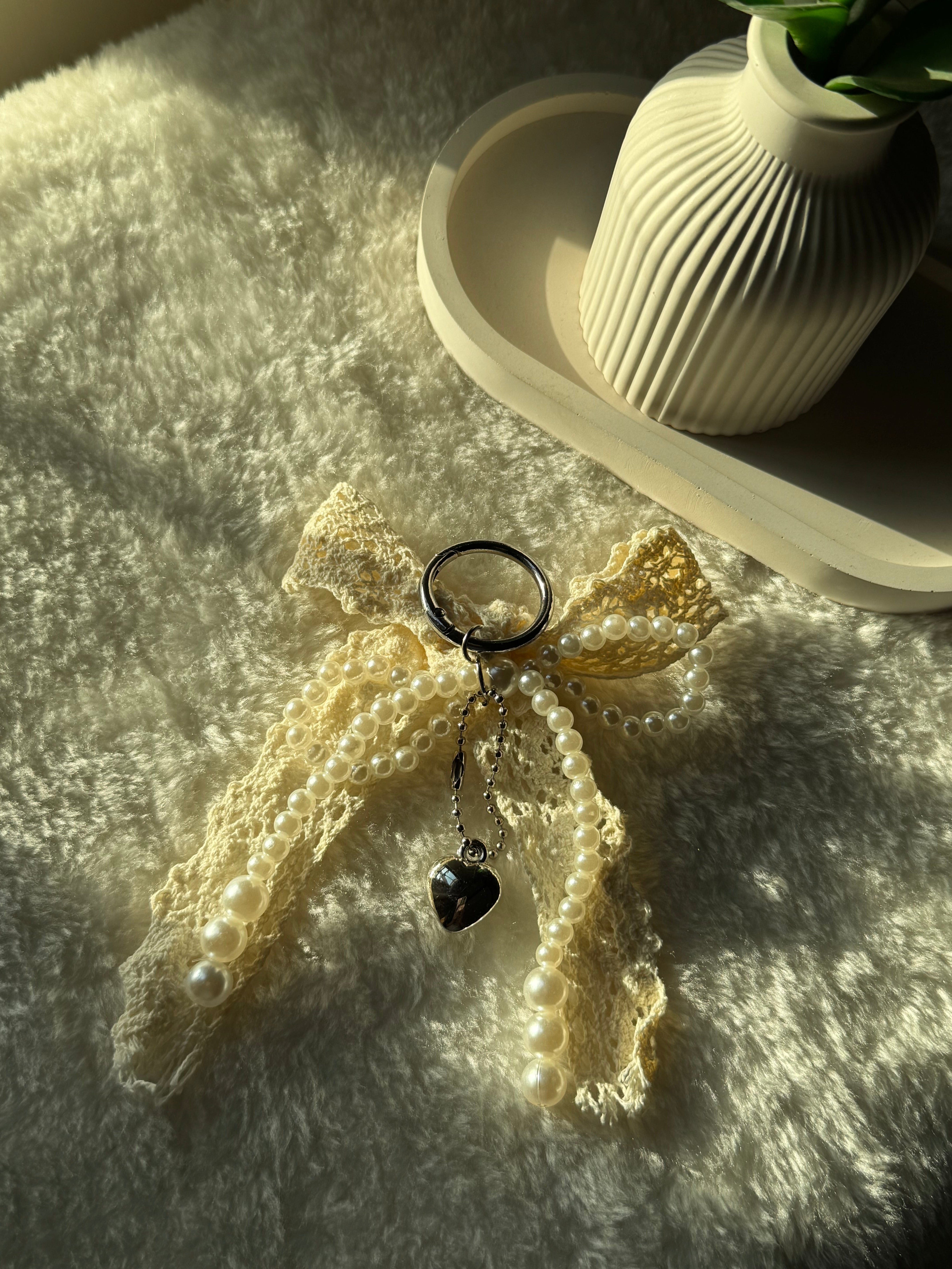 Pearl Heart Bow Bag Charm