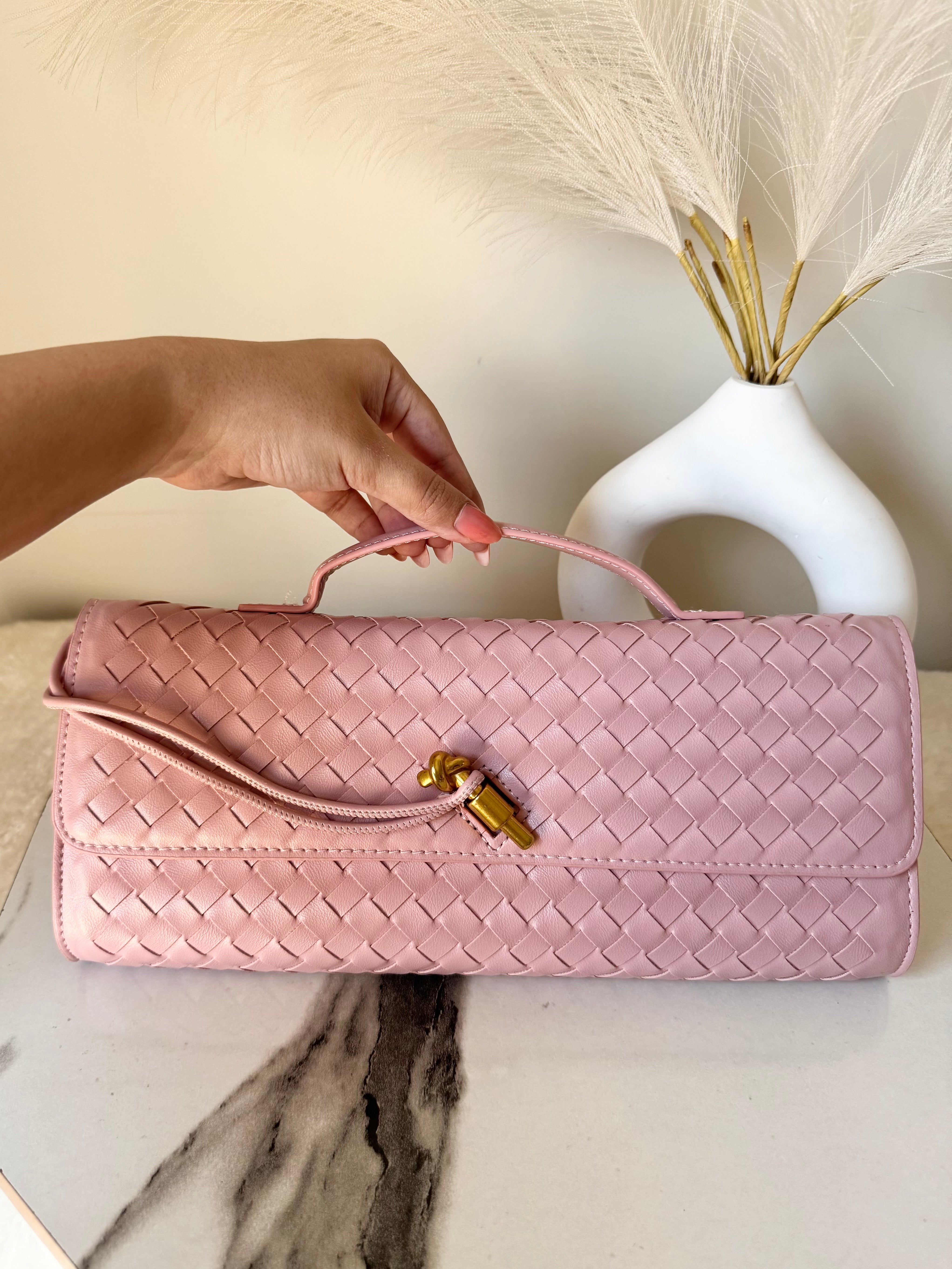 Bottega Veneta Inspired Clutch (Pink) with Long Strap