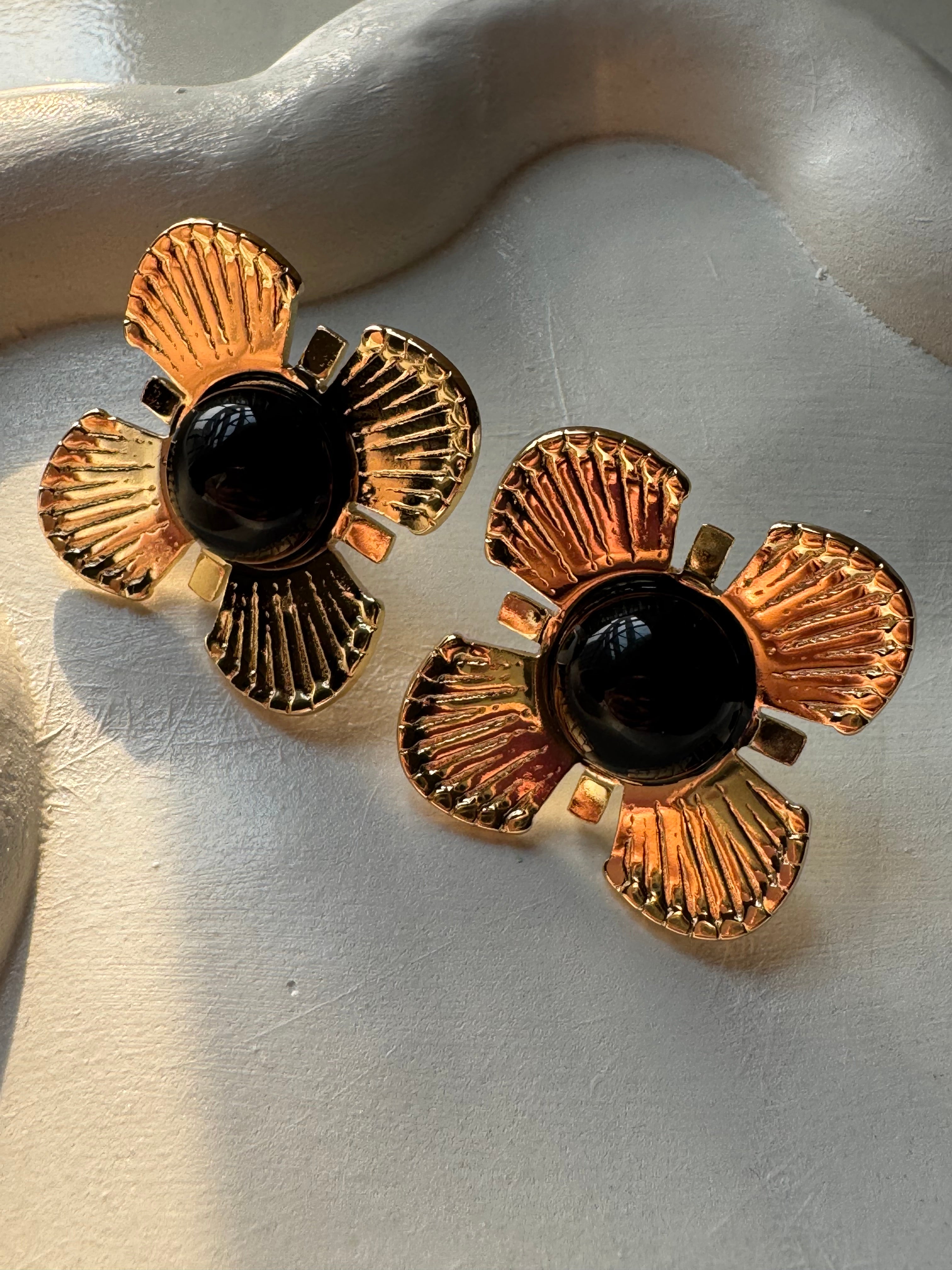 Black Floral Studs - 18K Gold Plated