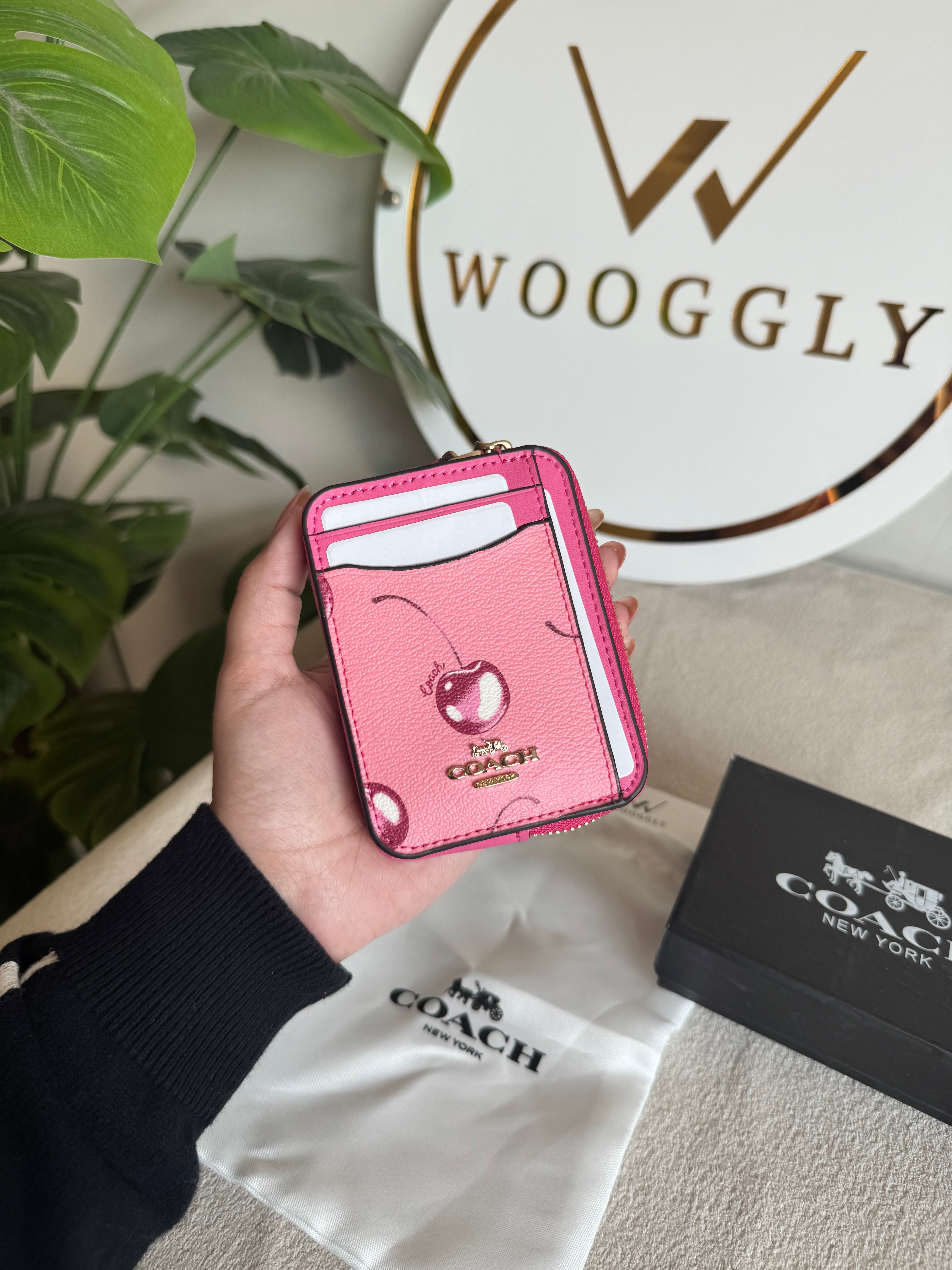 Coach Zip Card Case with Box Packing - Pink with Cherry