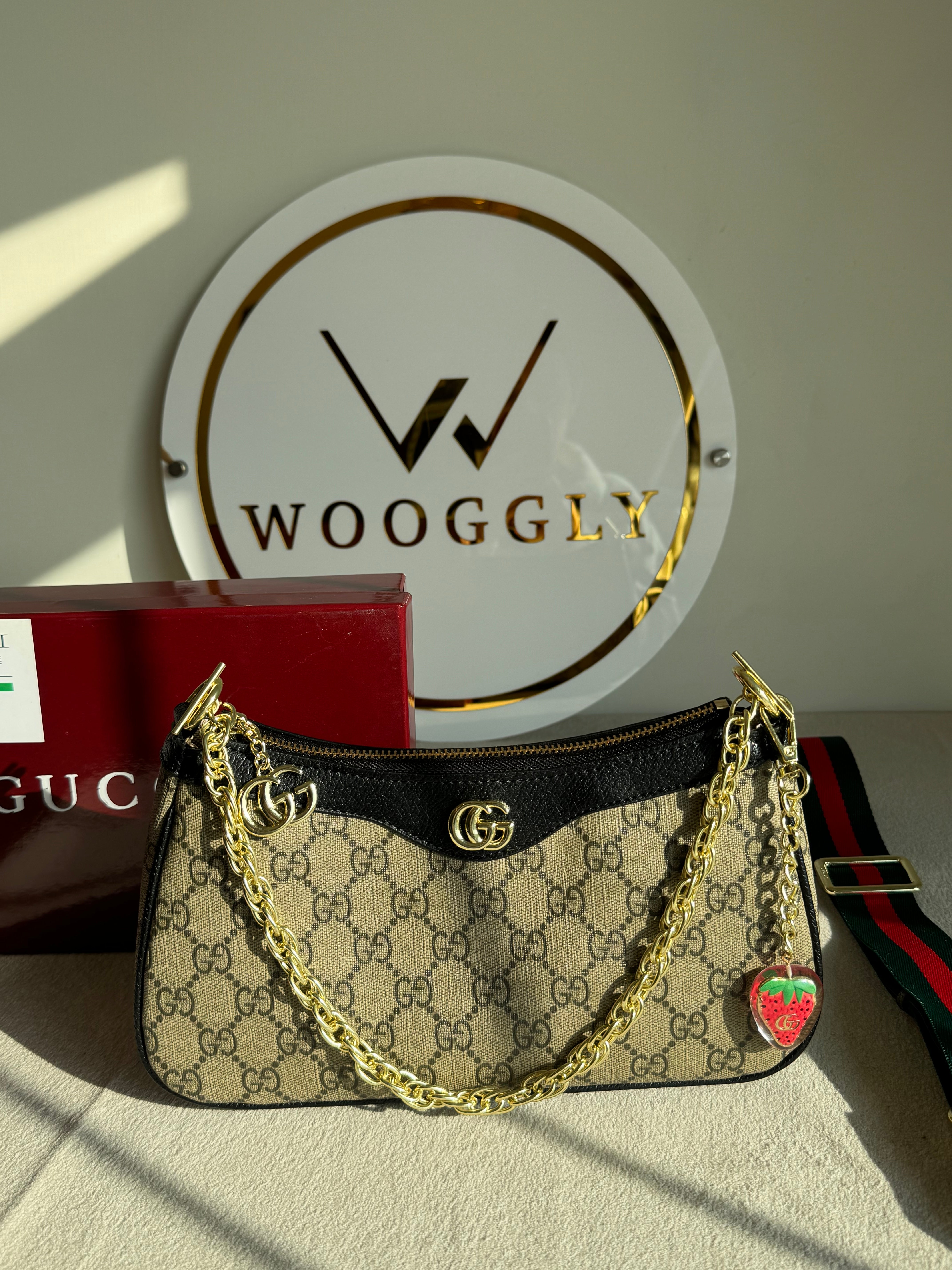 GUCCI Sling with Long Strap & Strawberry Charm - Signature Black with Box Packing