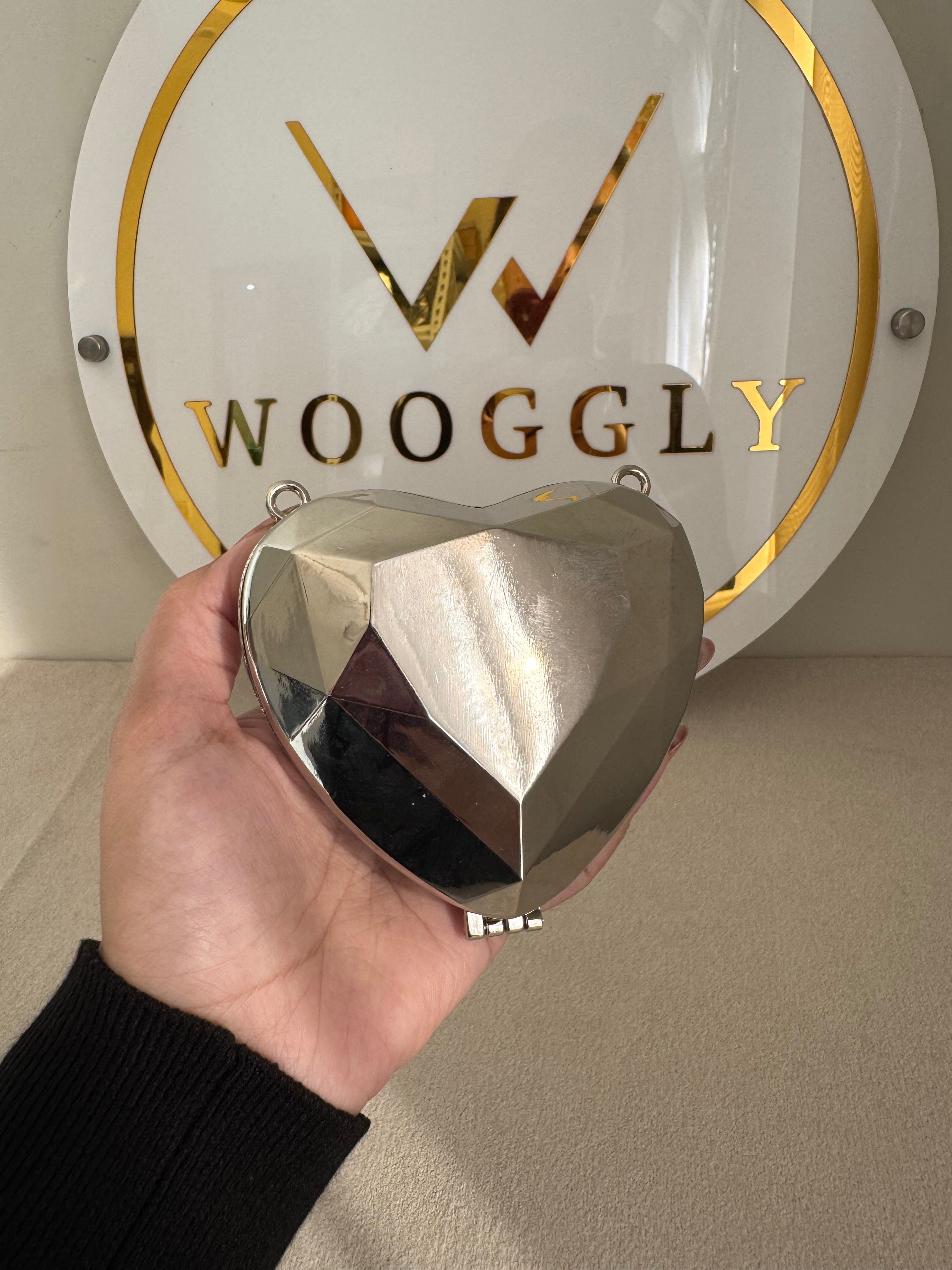 Metallic Heart Clutch with Chain - Mini Silver