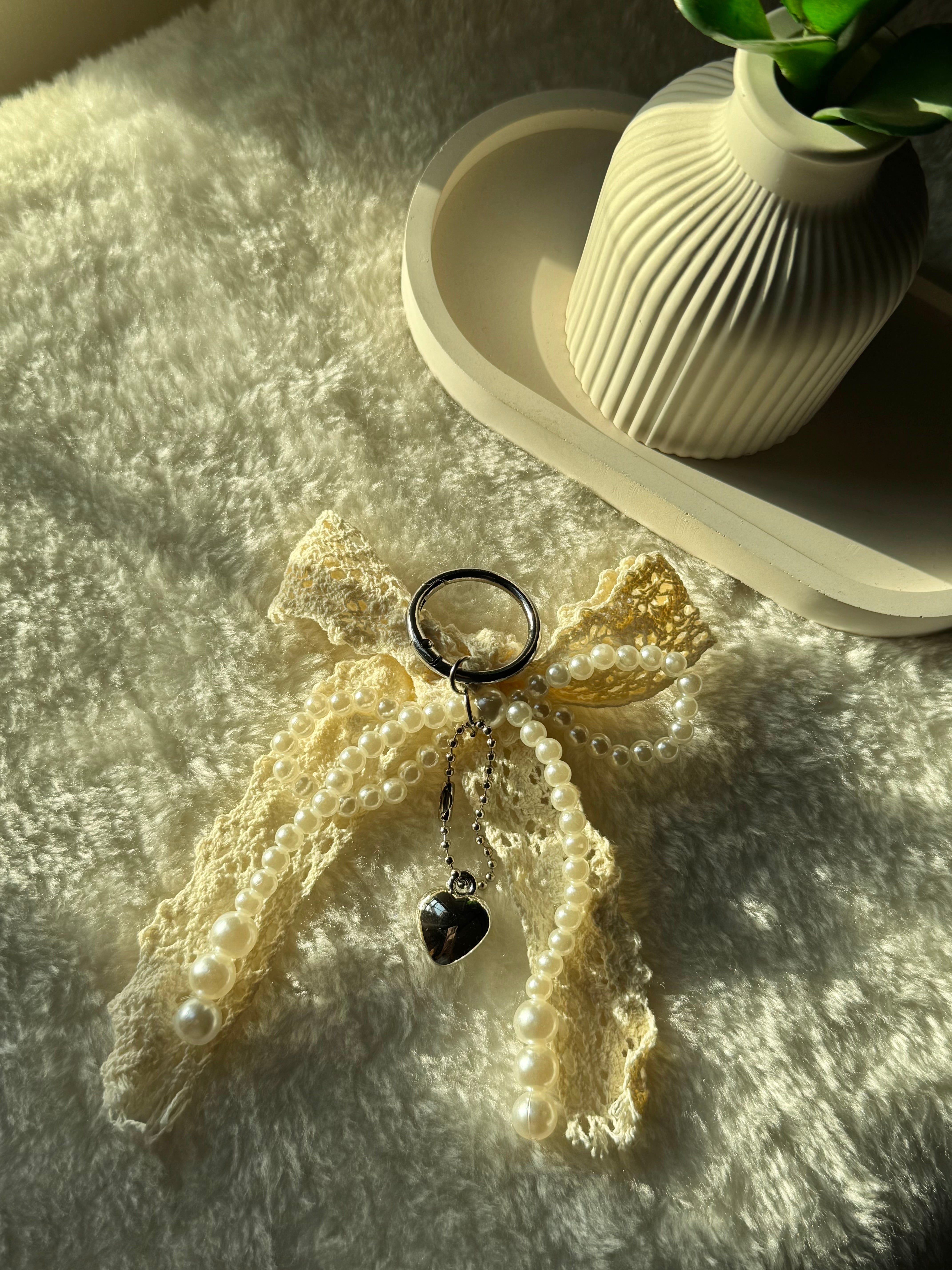 Pearl Heart Bow Bag Charm