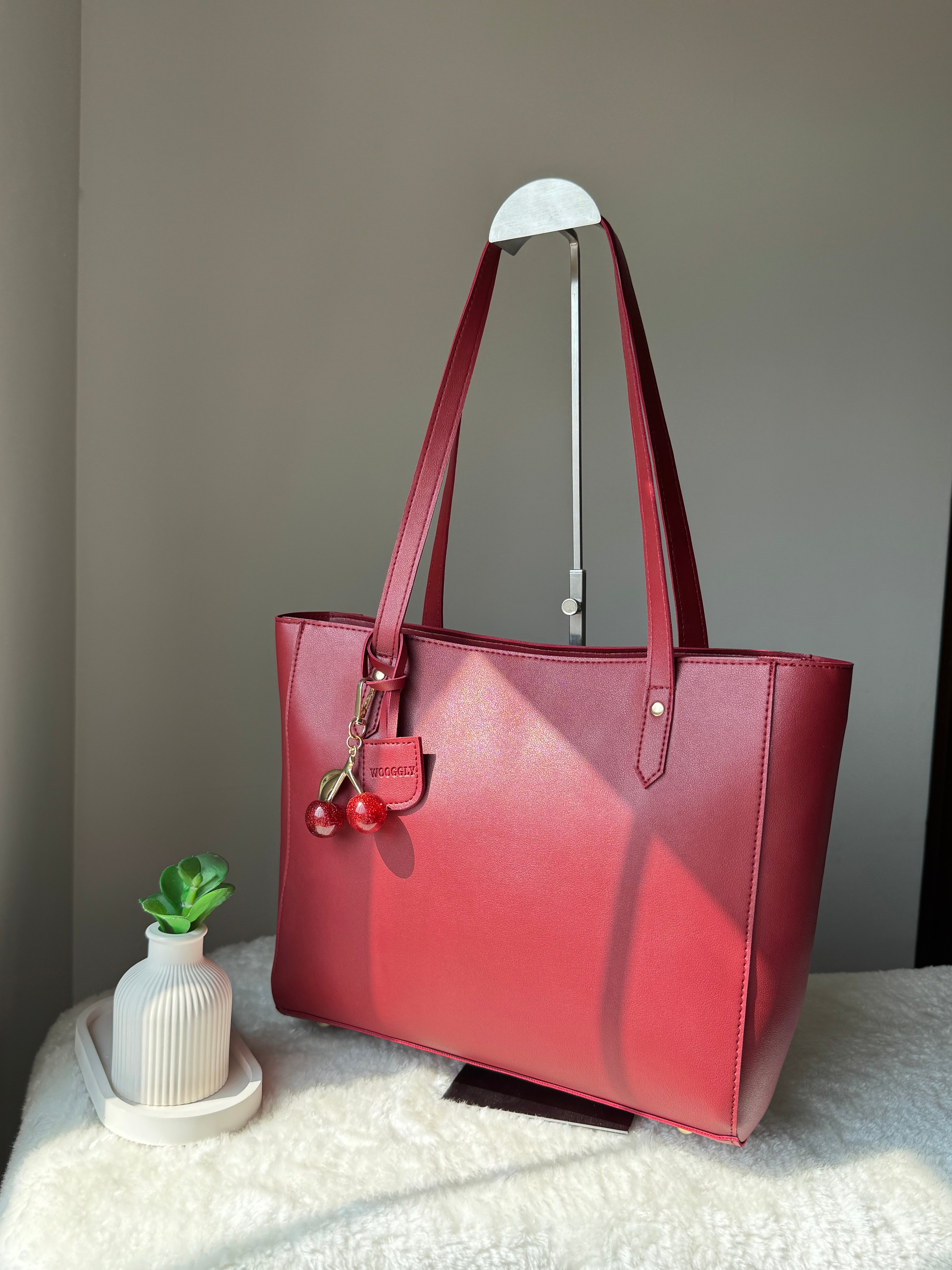 Wooggly Signature Tote Bag with Cherry Charm - Maroon