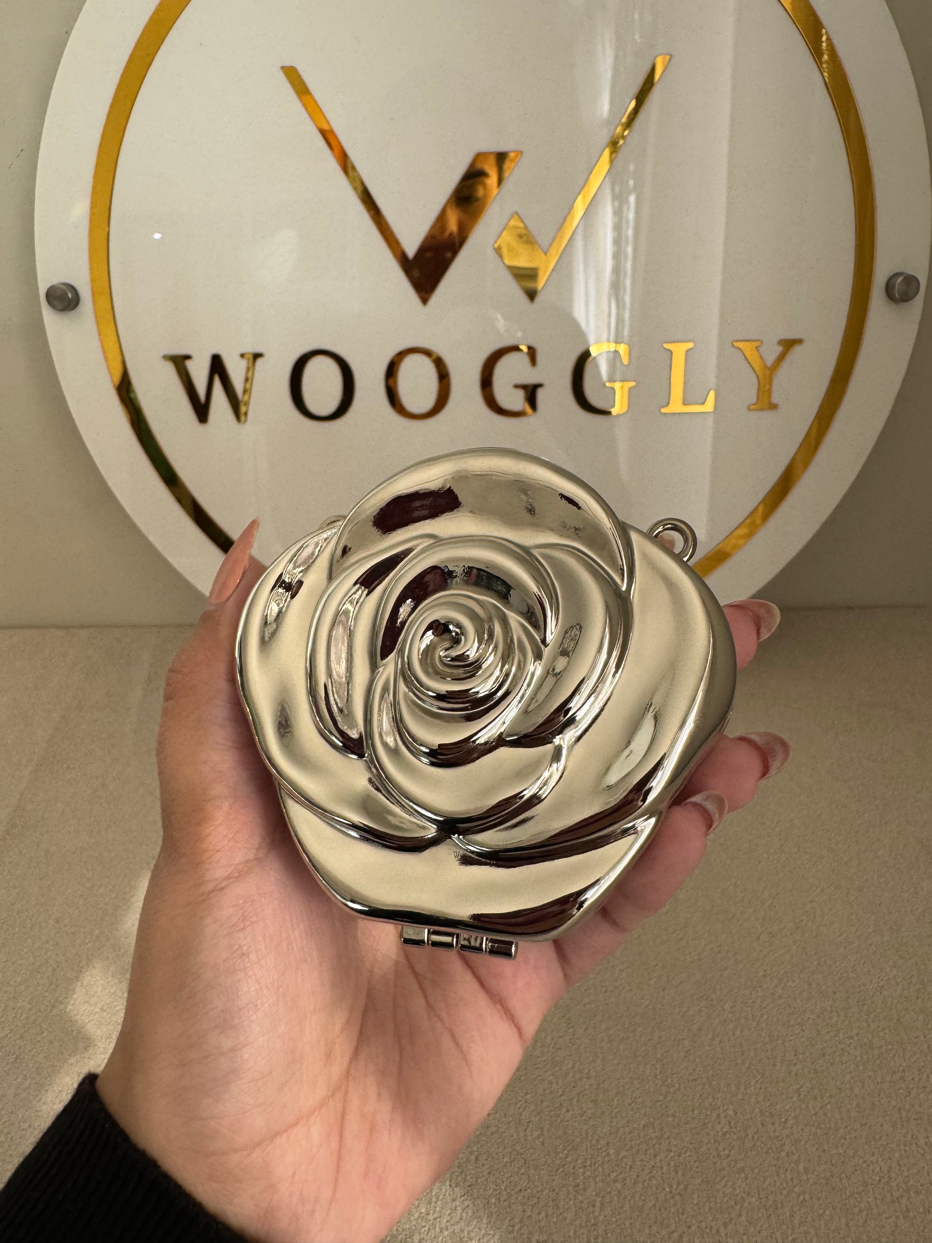 Metallic Rose Clutch with Chain - Mini Silver