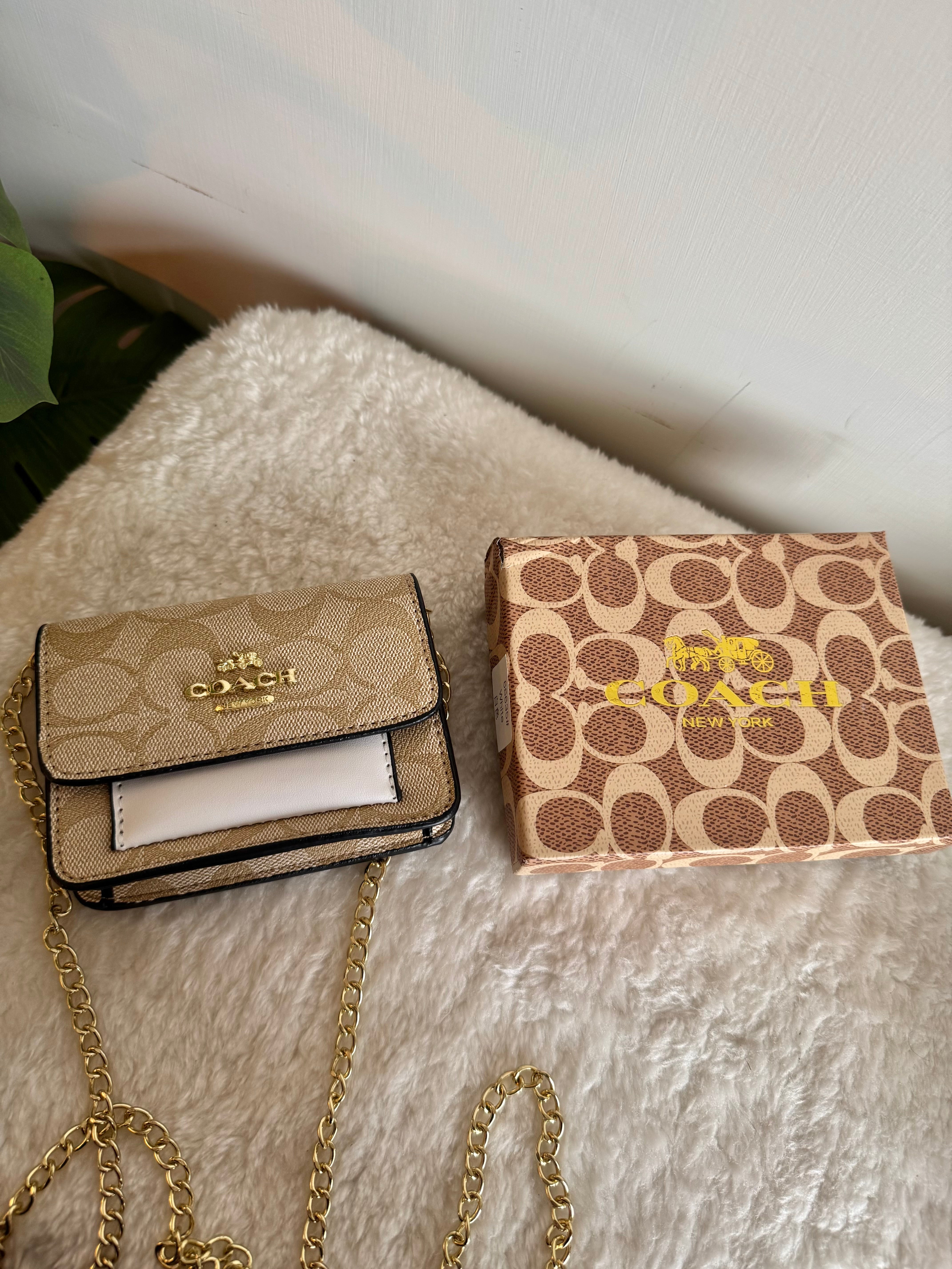 Coach Wallet with Detachable Long Chain - Beige with White