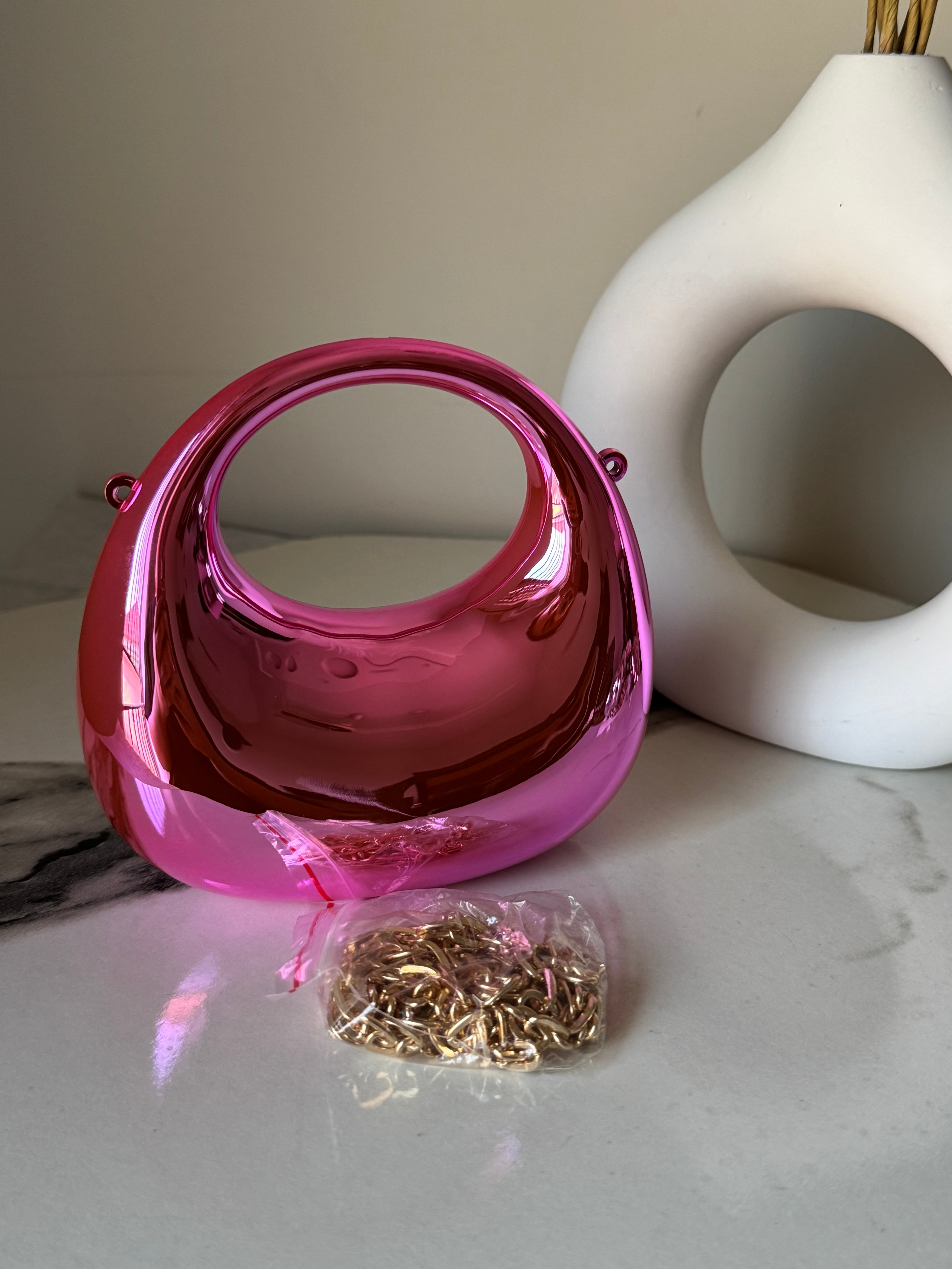 Viral Metallic Clutch with Chain - Mini Pink