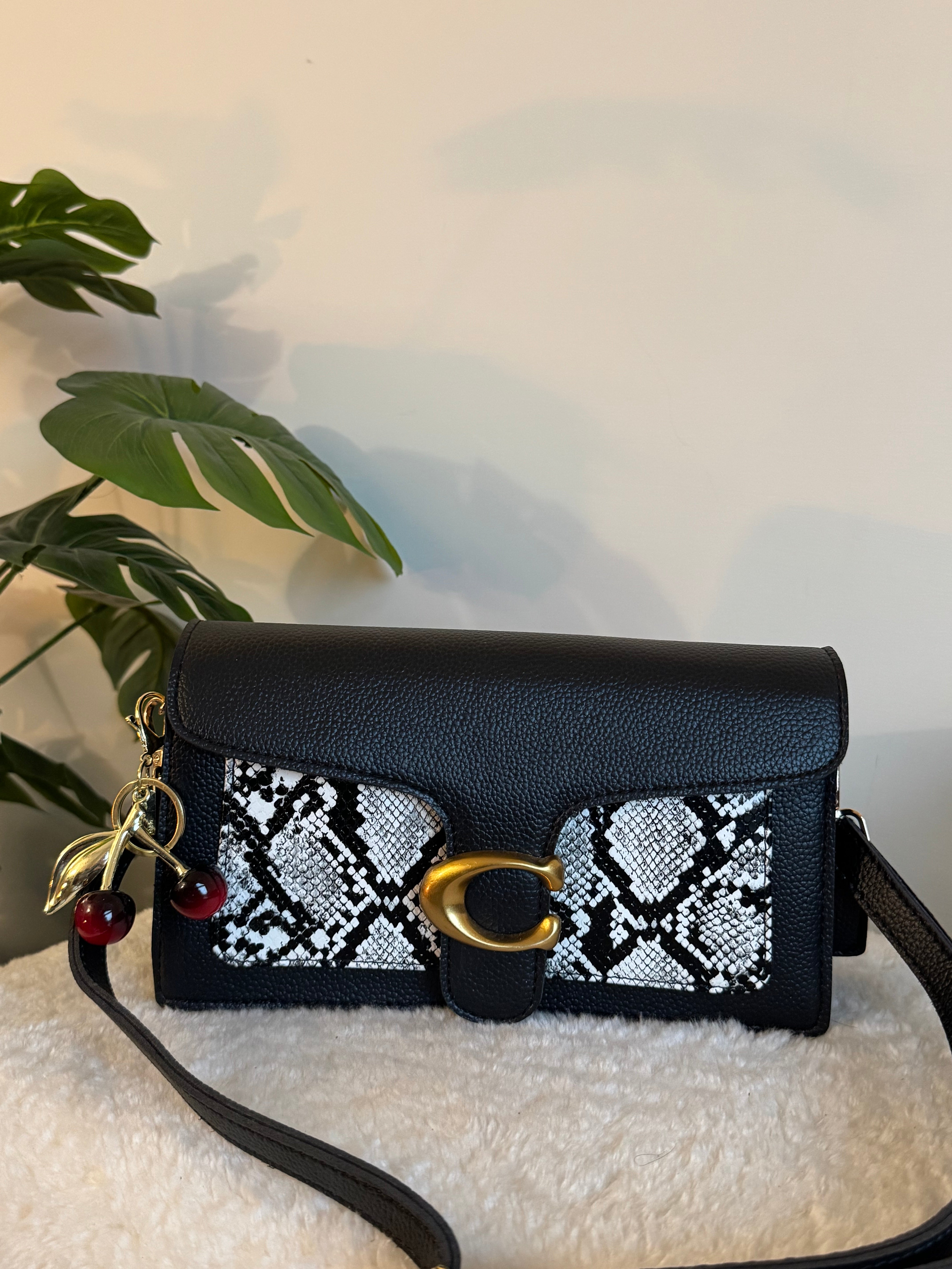 COACH TABBY with Coach Cherry Charm (Black with White) - BOX PACKING