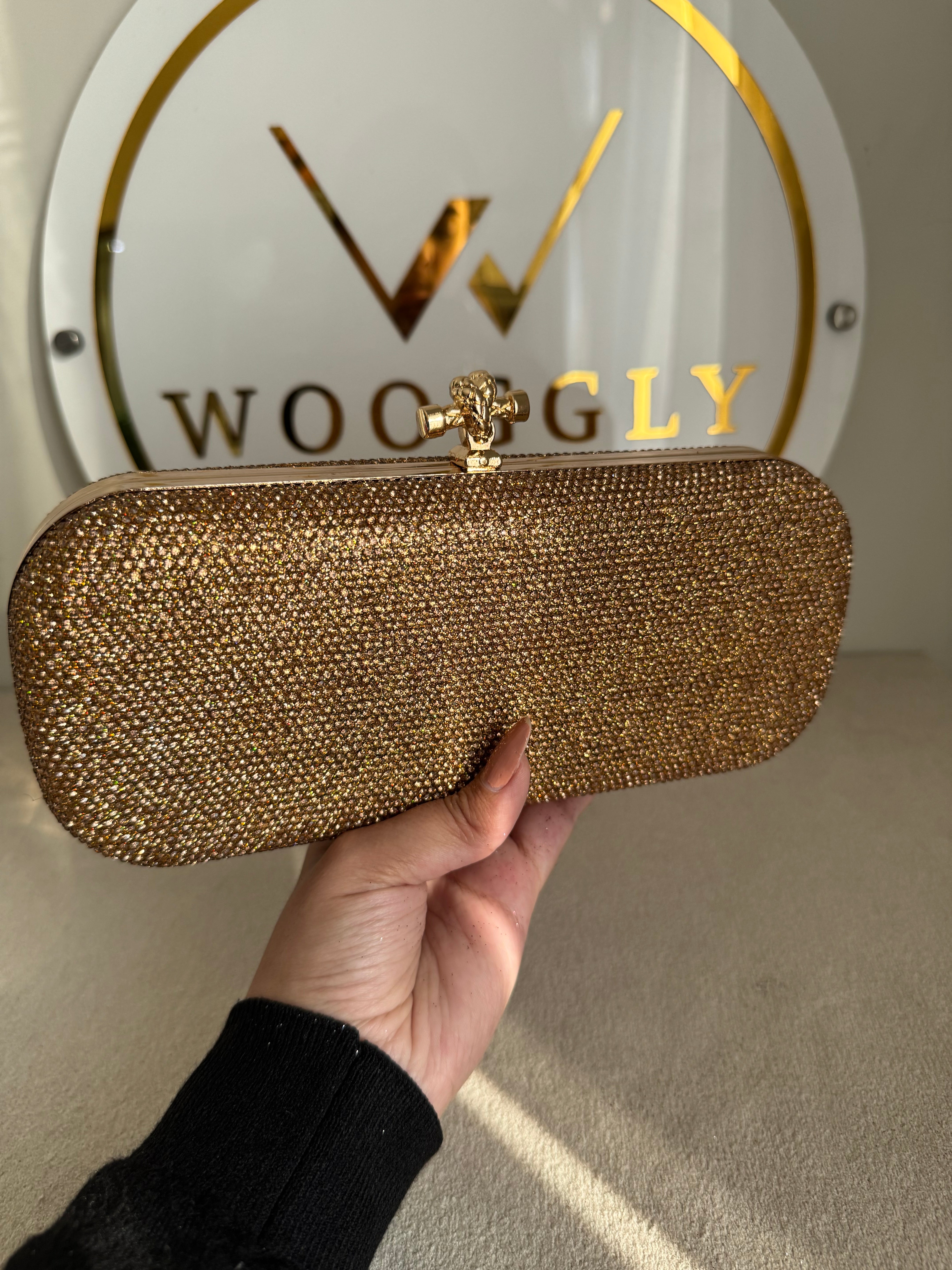 Bottega Shimmer Clutch - Champagne with Chain