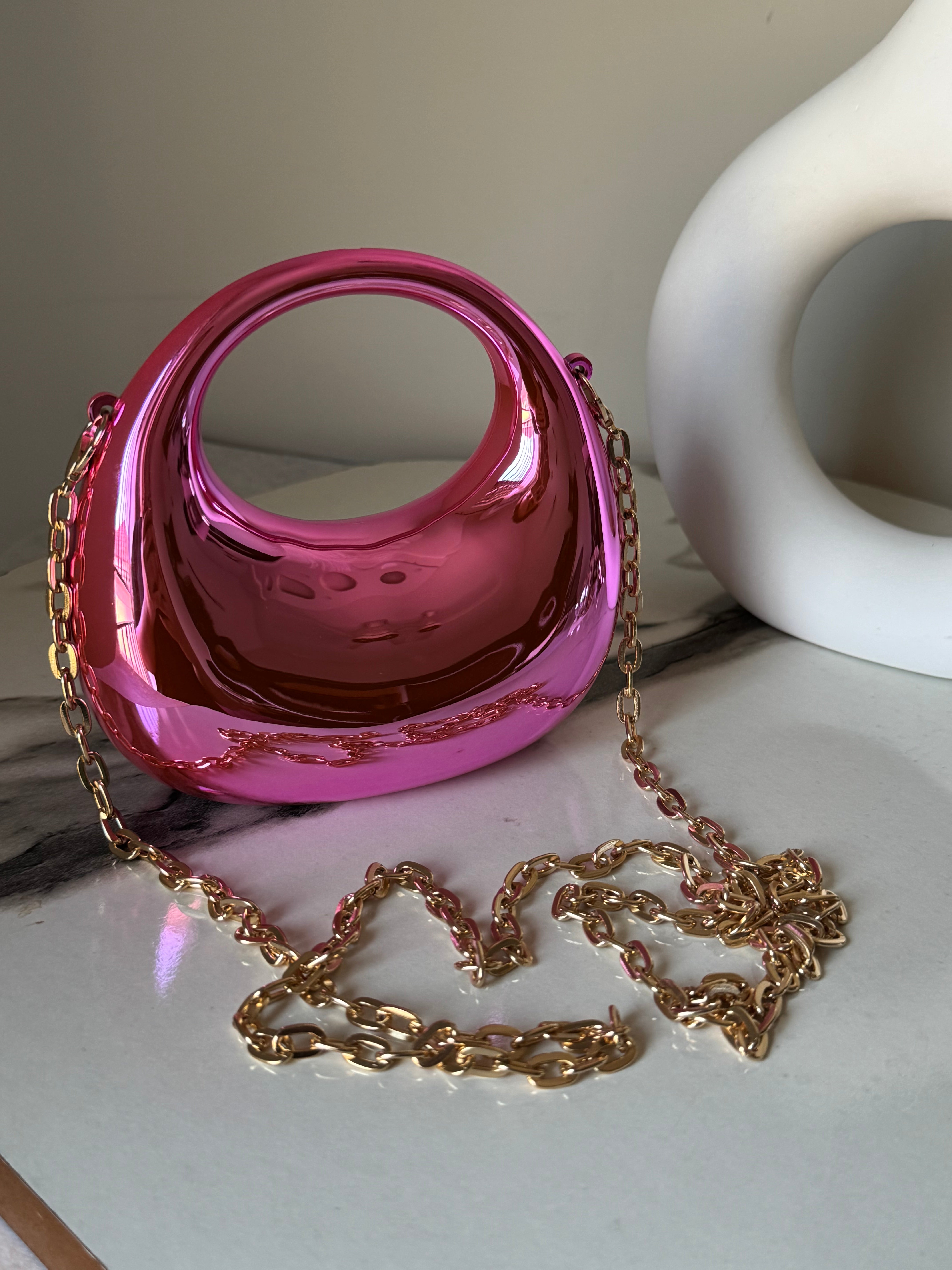 Viral Metallic Clutch with Chain - Mini Pink