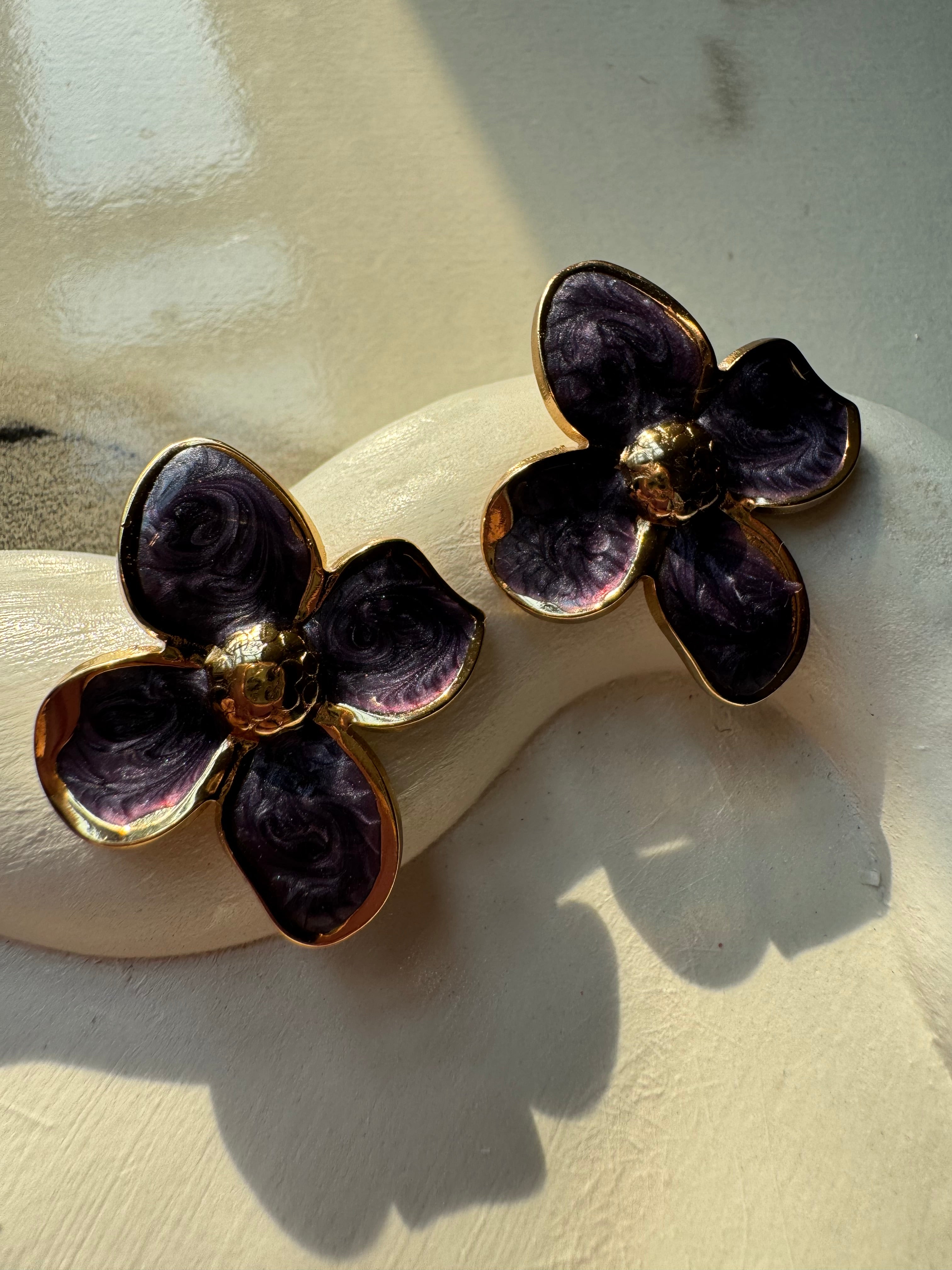 Velvet Floral Studs - Purple & Gold