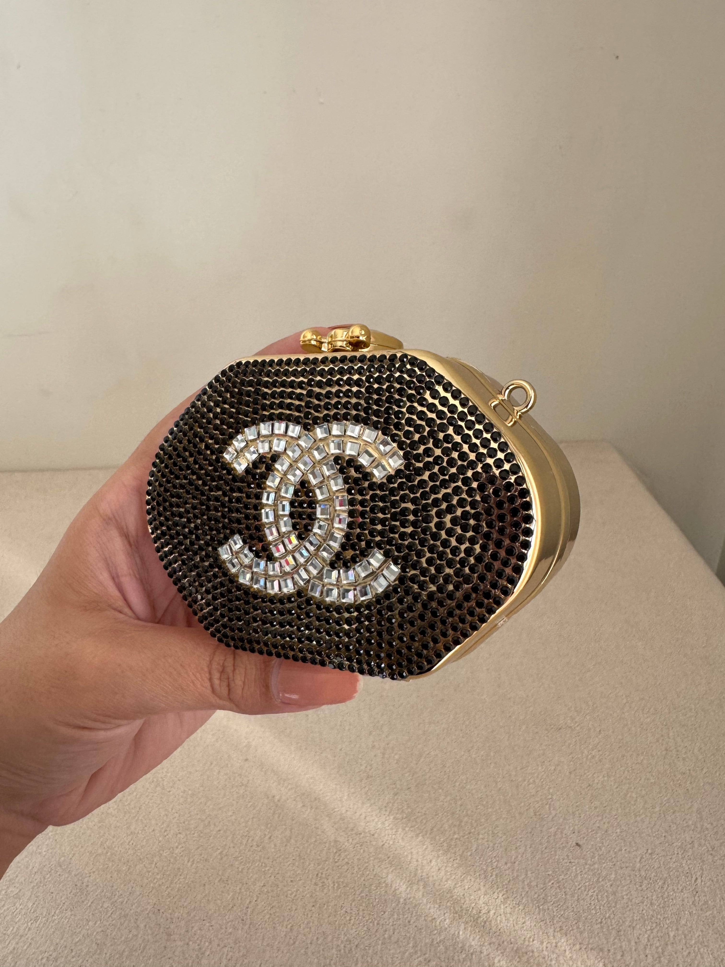 Mini Chanel Embellished Clutch with Chain - Black & Gold