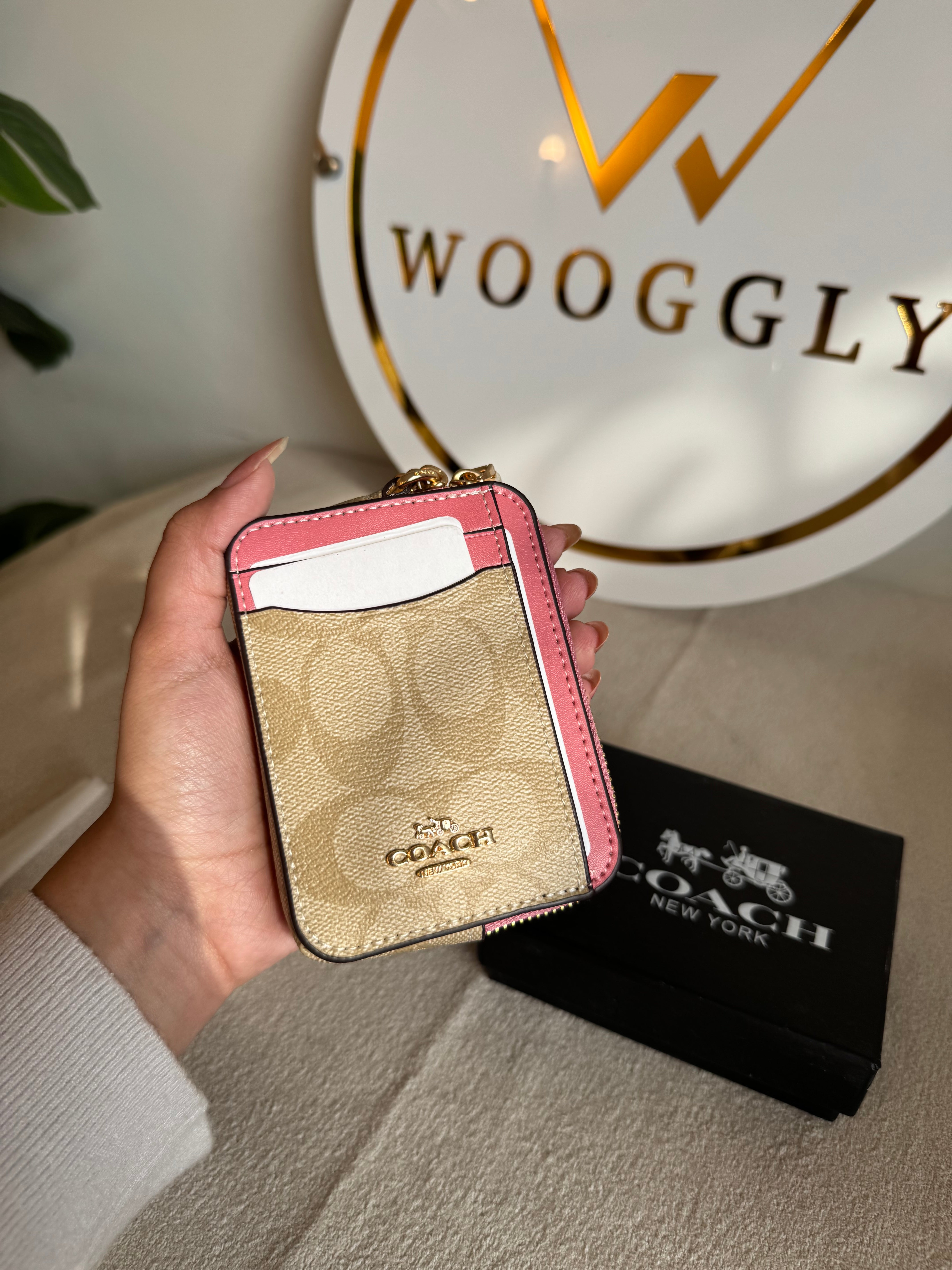 Coach Zip Card Case with Box Packing - Apricot Beige with Pink