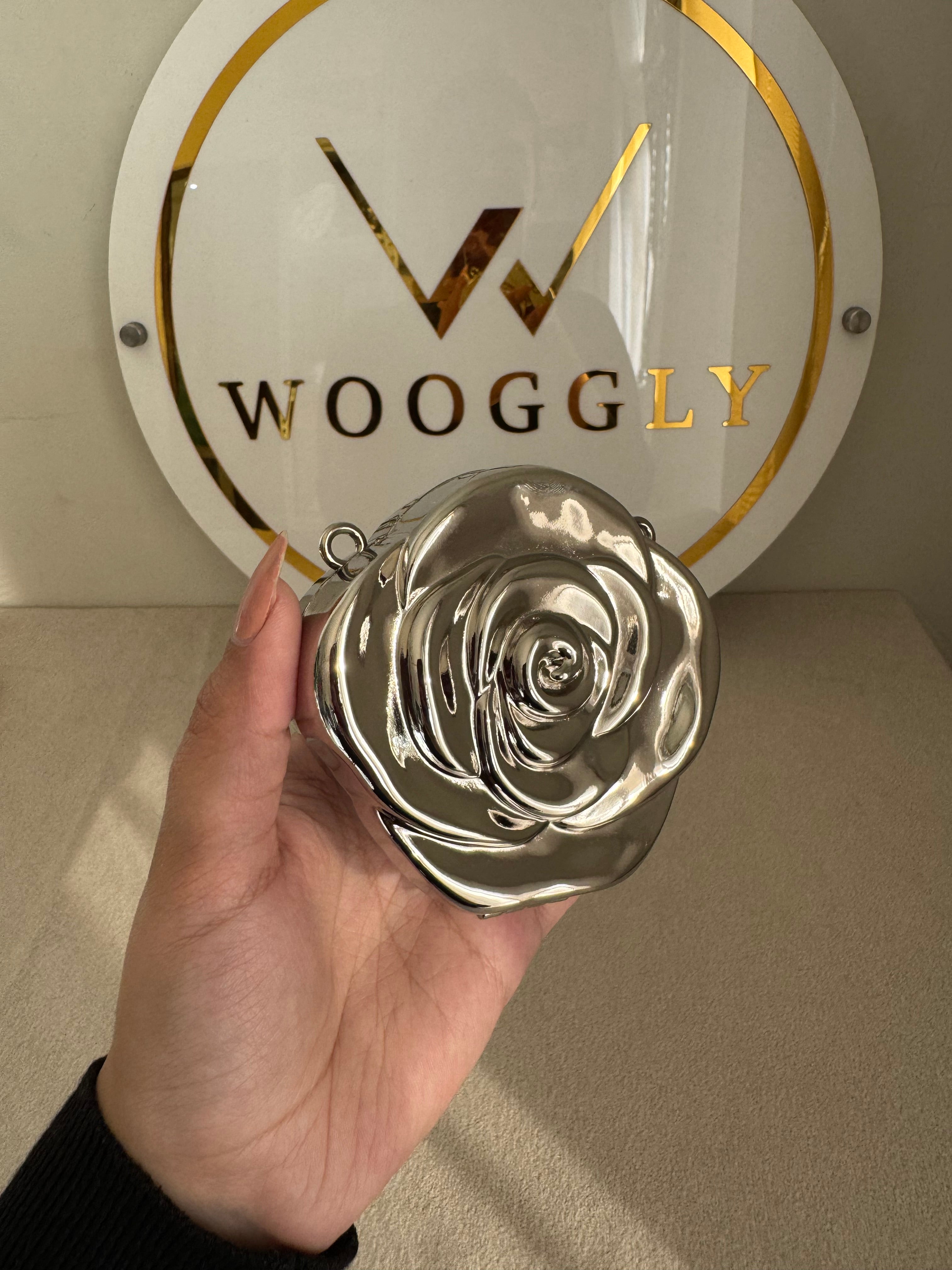 Metallic Rose Clutch with Chain - Mini Silver