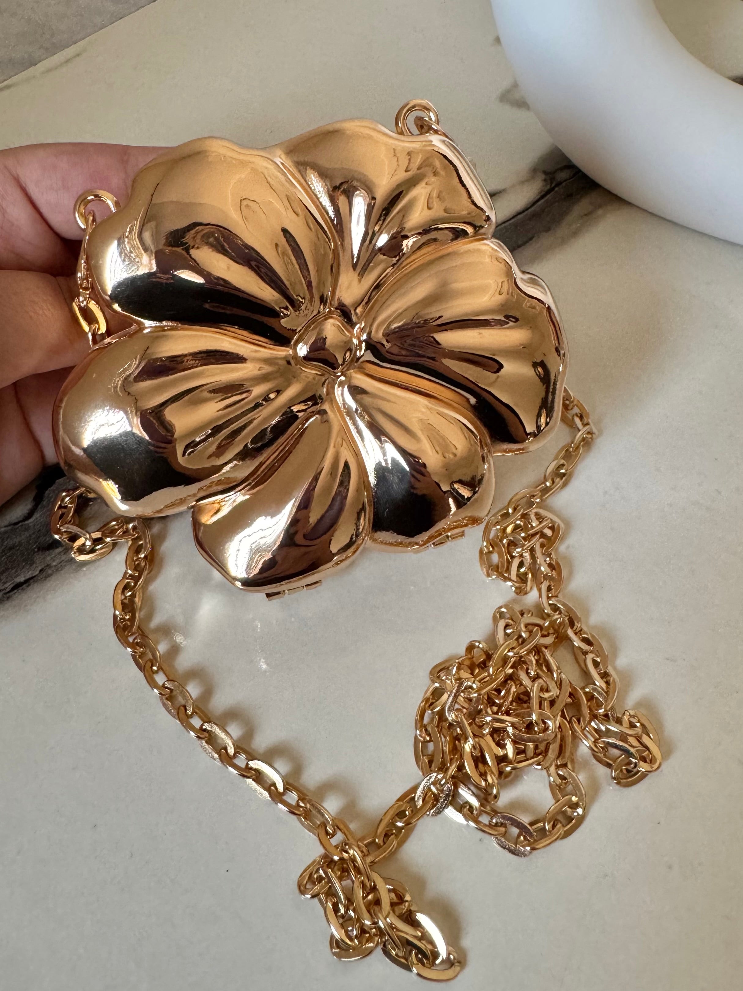 Viral Flower Metallic Clutch with Chain - Gold