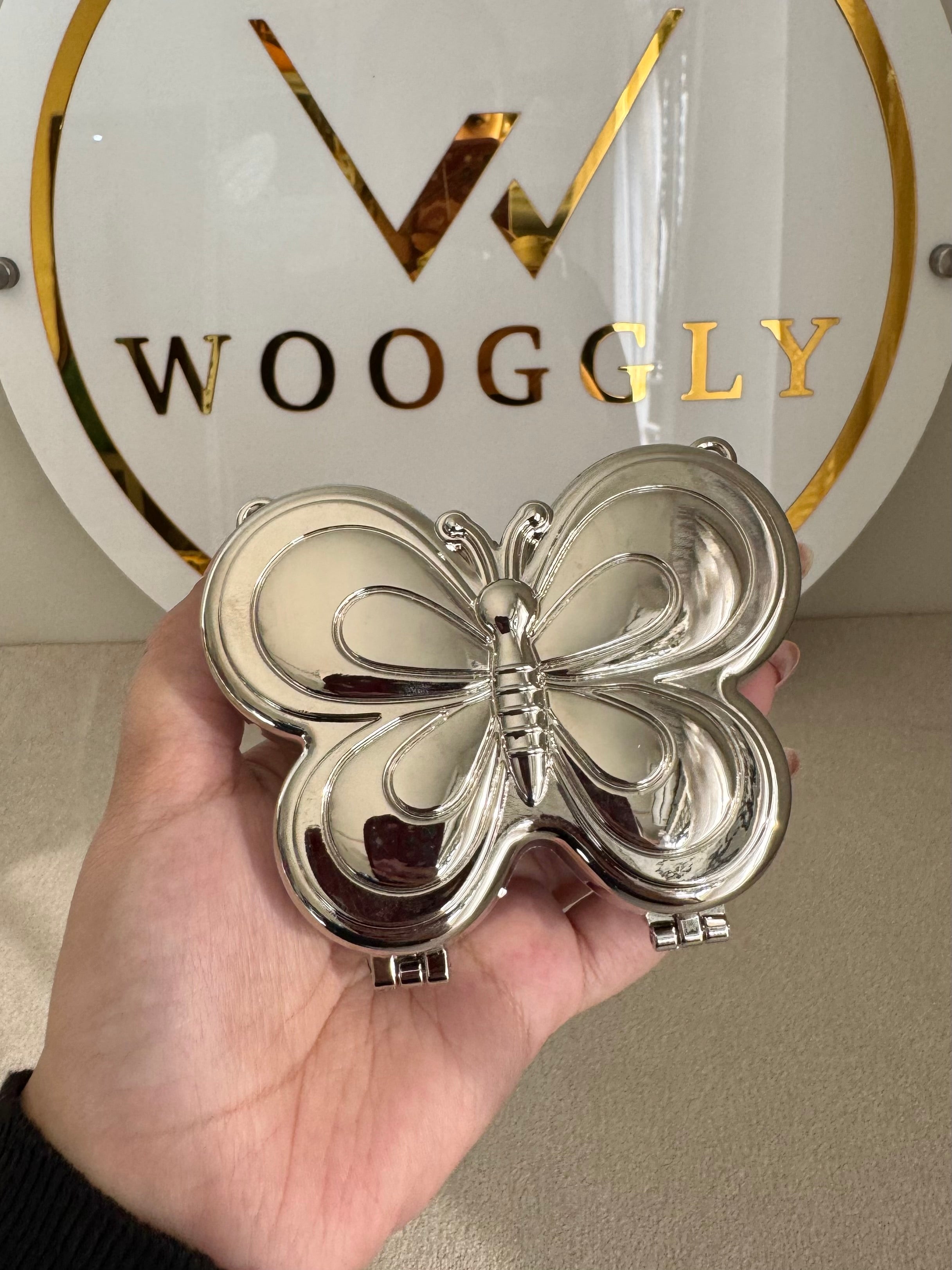 Metallic Butterfly Clutch with Chain - Mini Silver