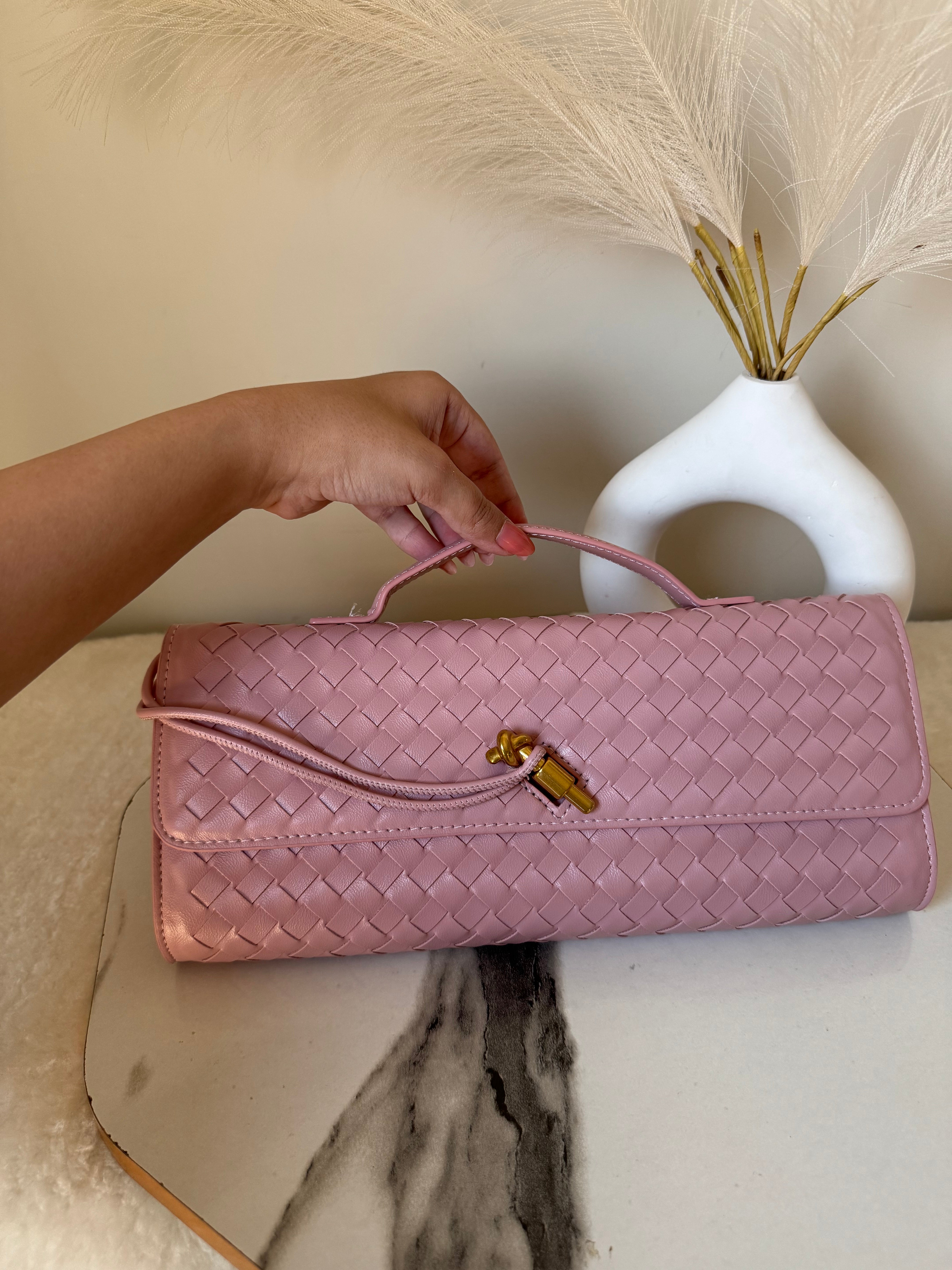 Bottega Veneta Inspired Clutch (Pink) with Long Strap