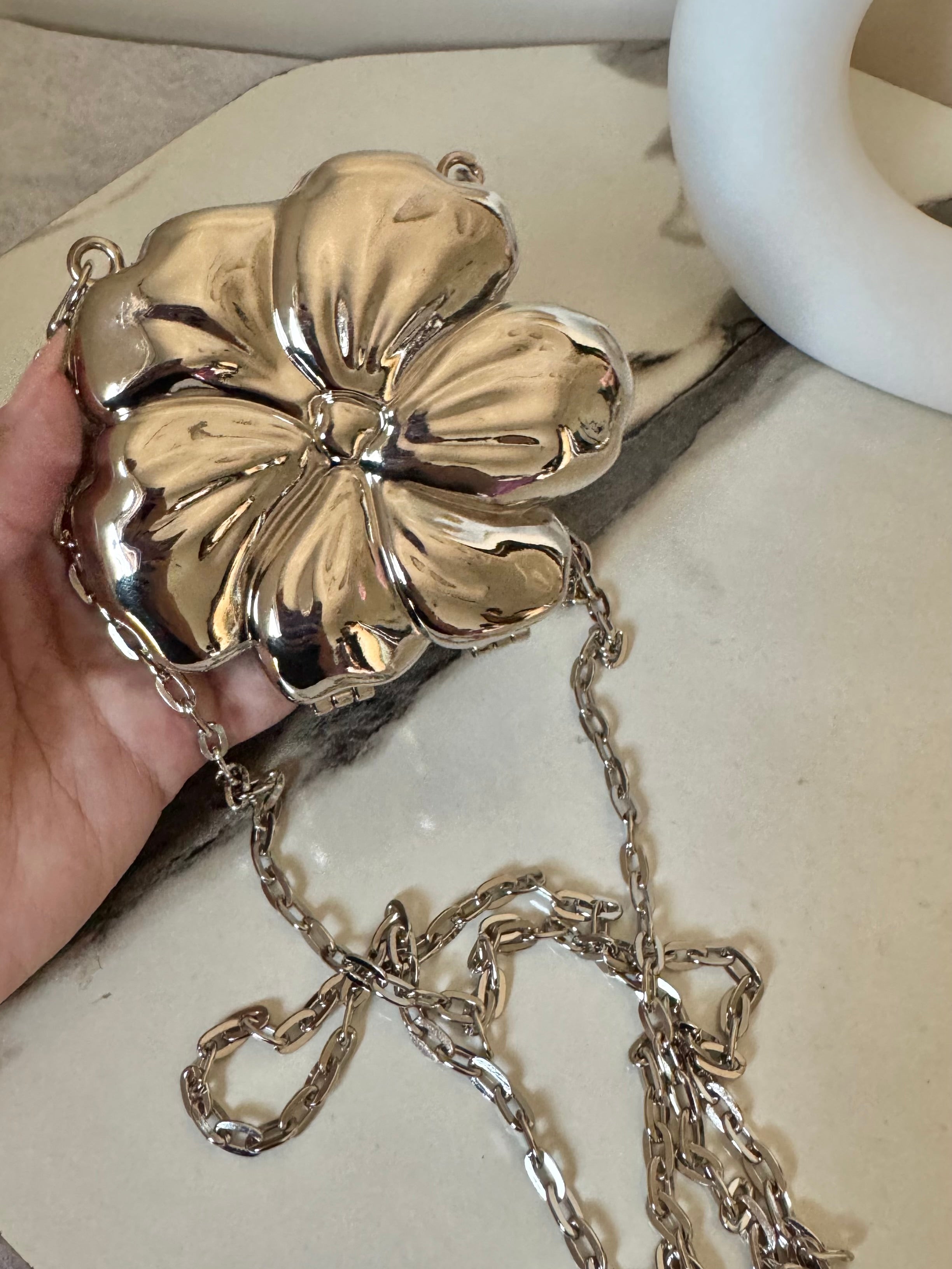 Viral Flower Metallic Clutch with Chain - Silver