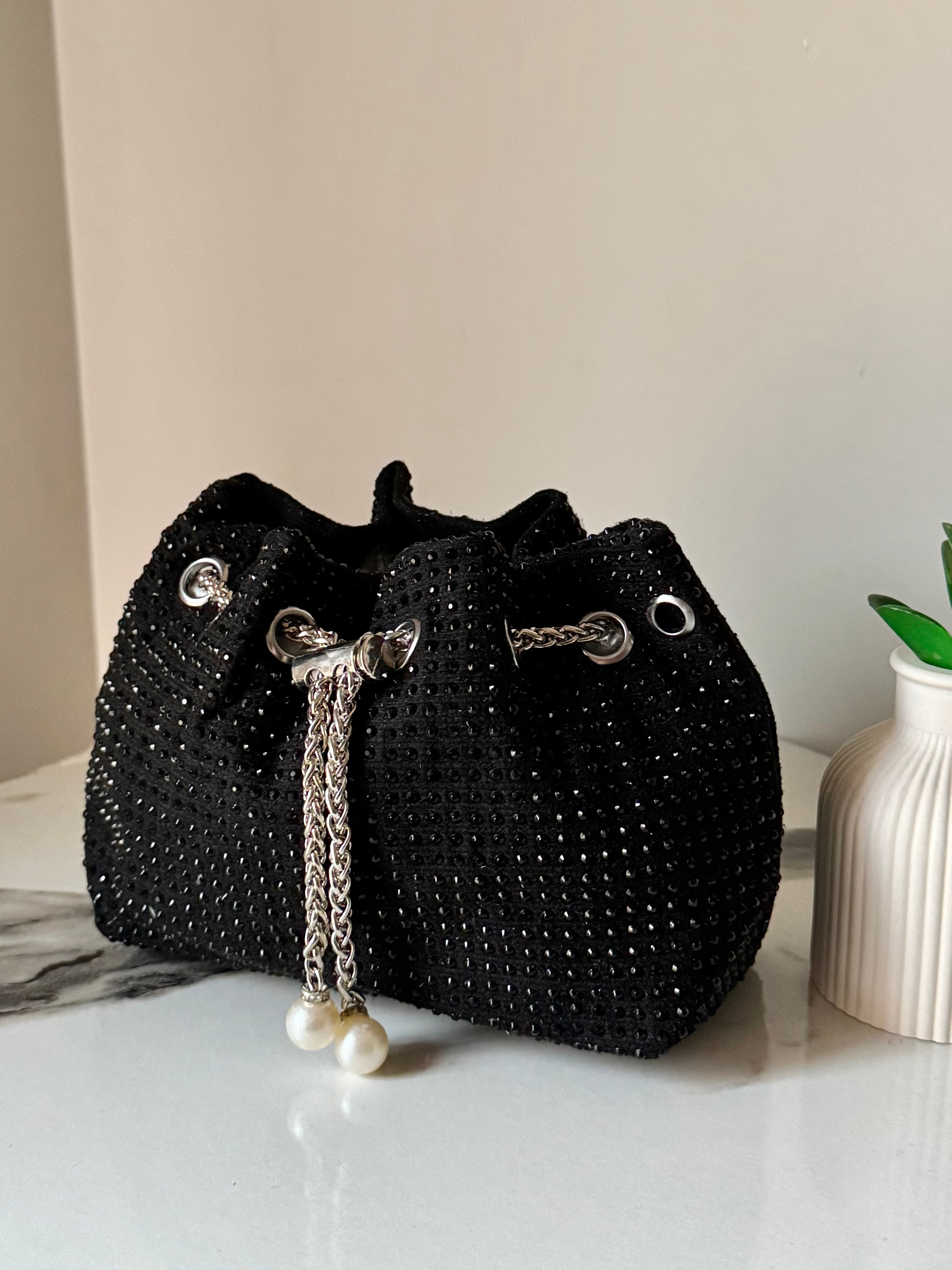 Mira Rhinestone Pouch with Long Chain (Black)