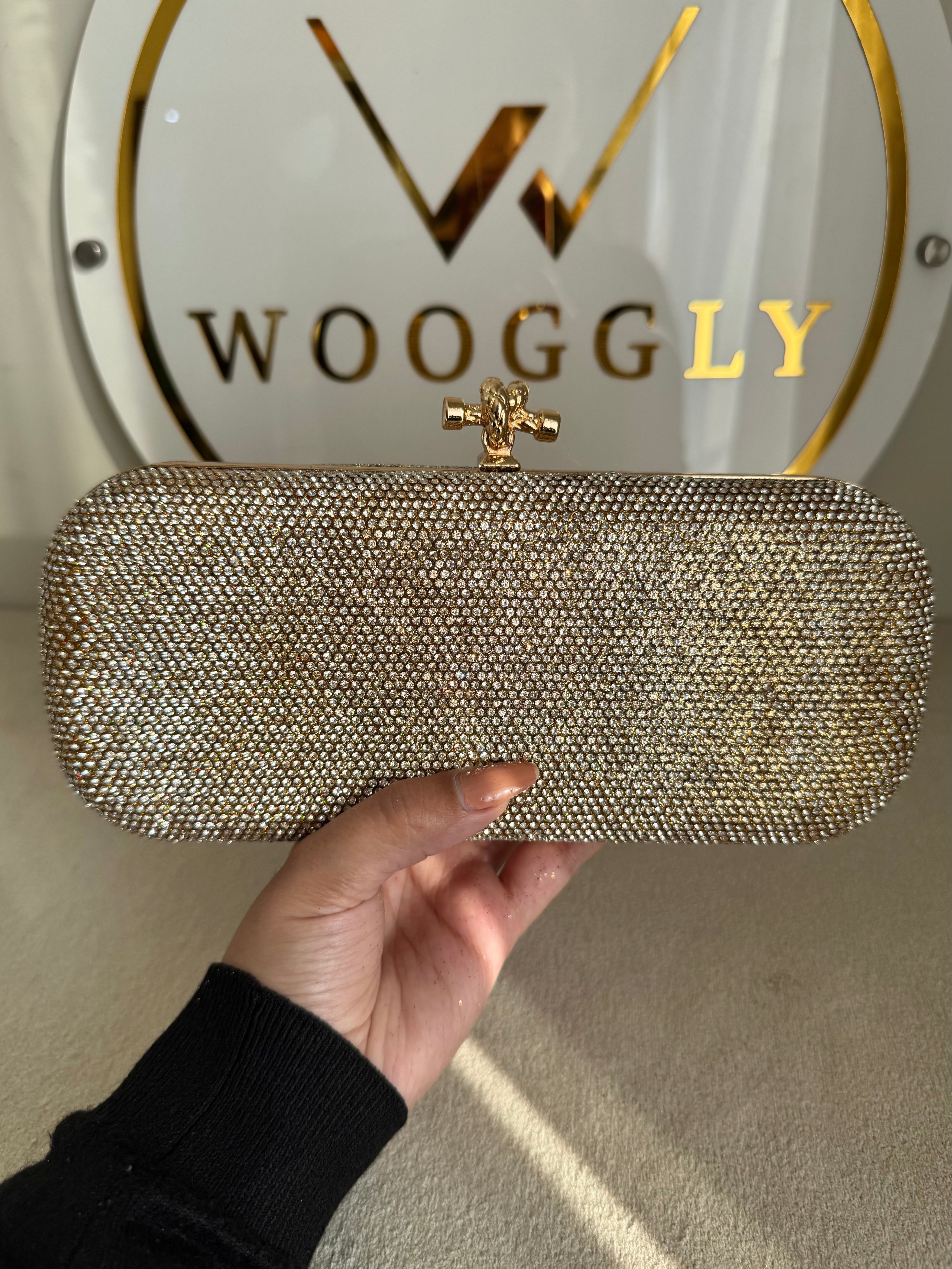 Bottega Shimmer Clutch - Rose Gold with Chain