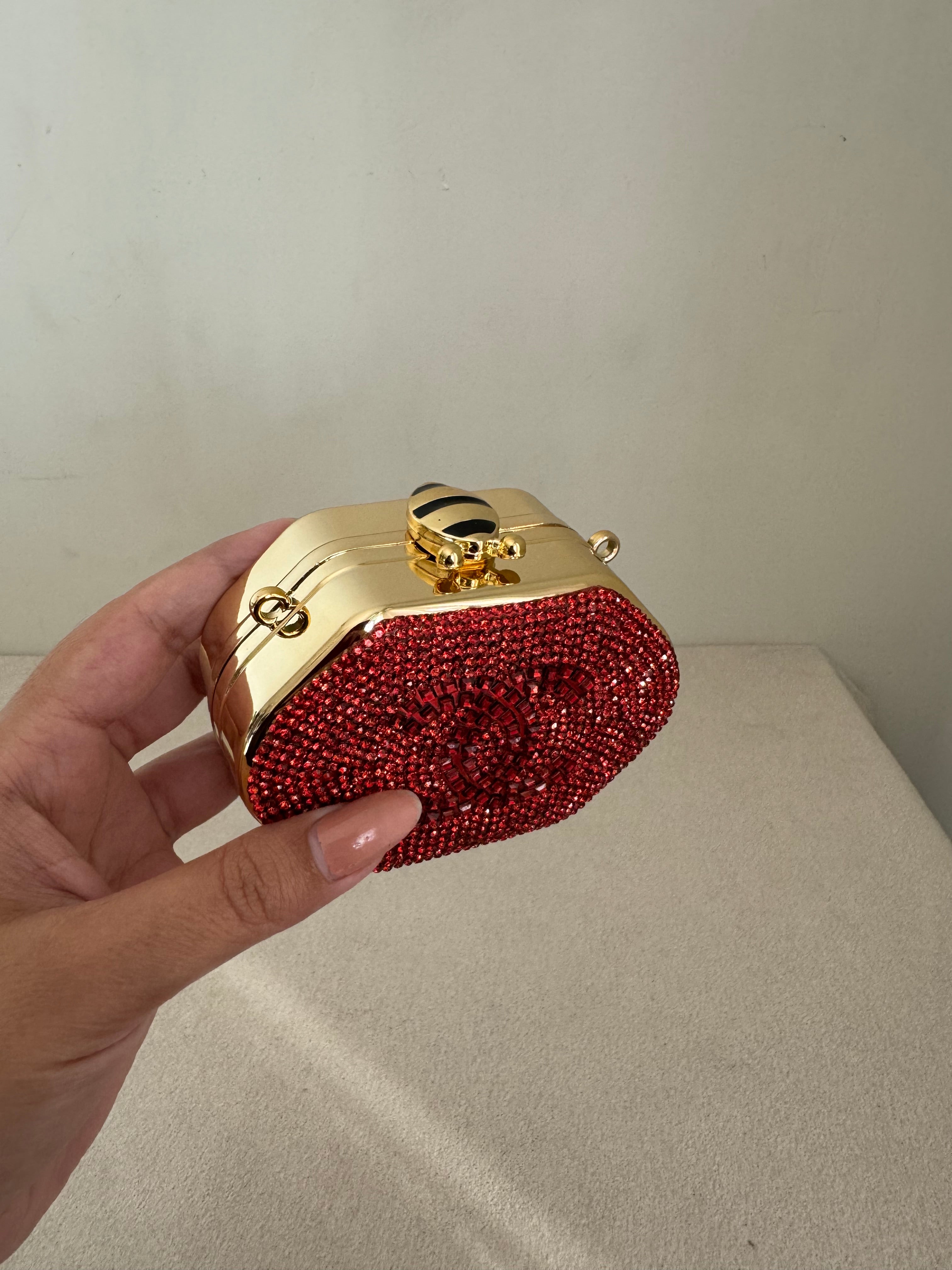 Mini Chanel Embellished Clutch with Chain - Red & Gold
