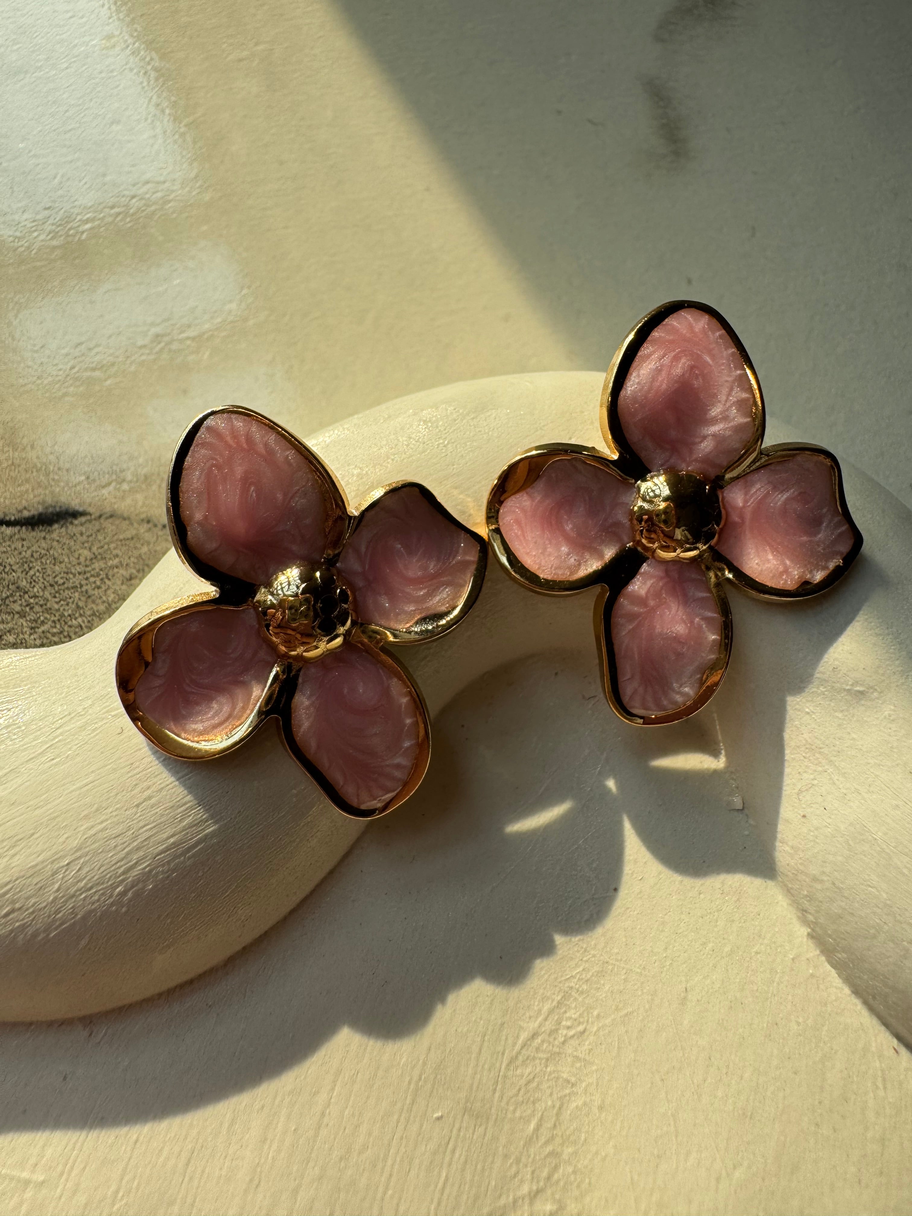 Velvet Floral Studs - Peach & Gold
