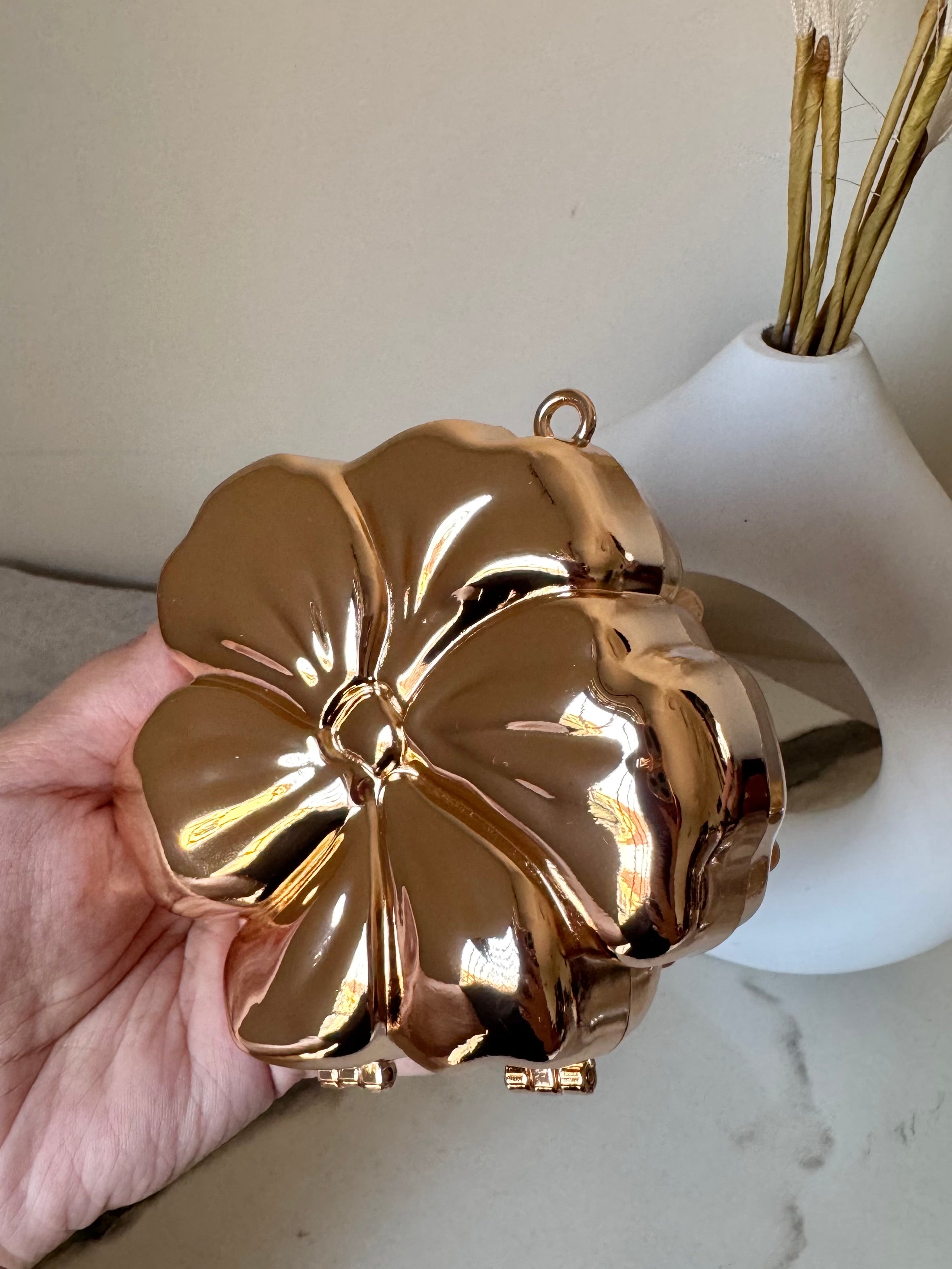 Viral Flower Metallic Clutch with Chain - Gold