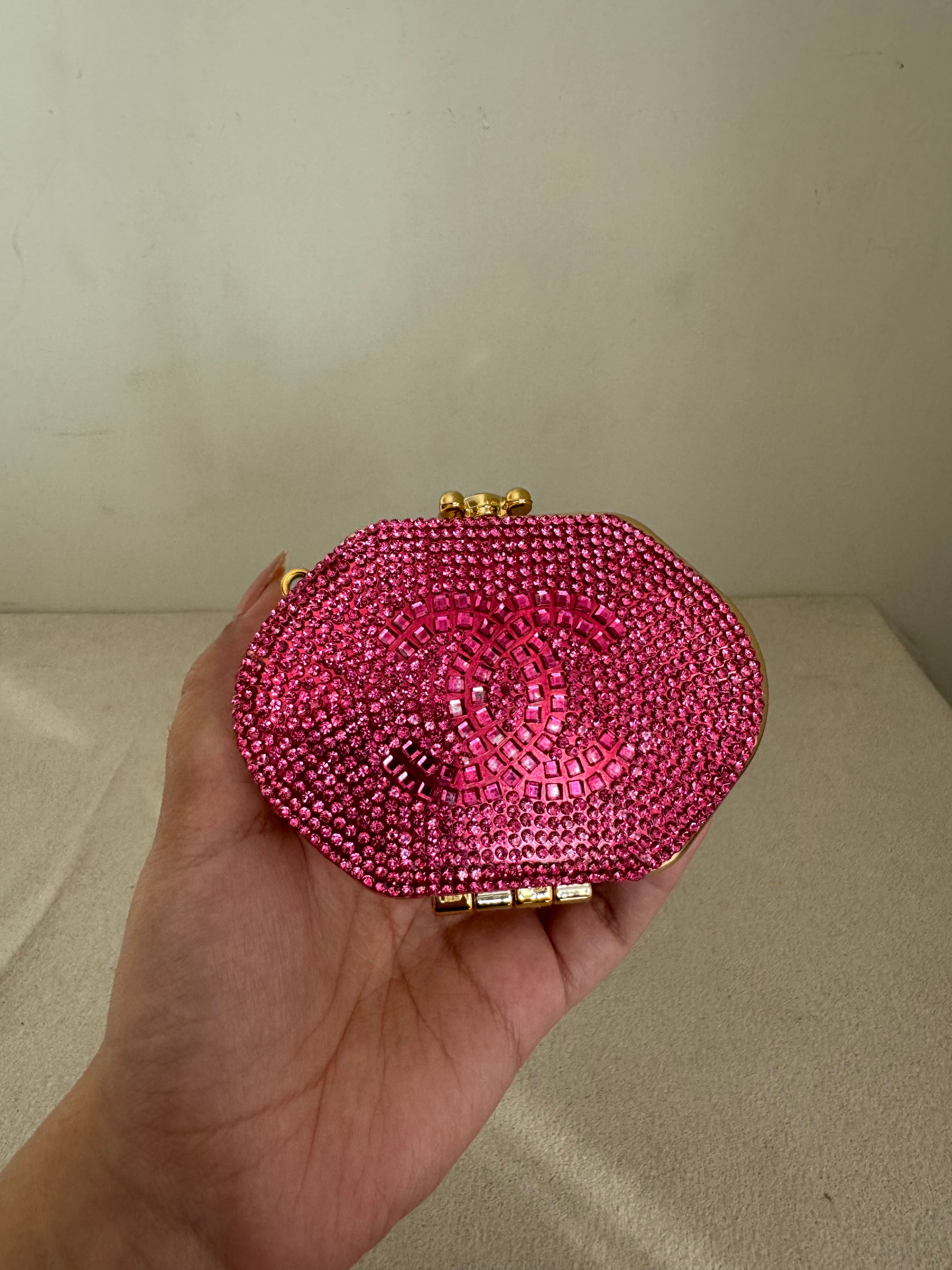 Mini Chanel Embellished Clutch with Chain - Pink & Gold