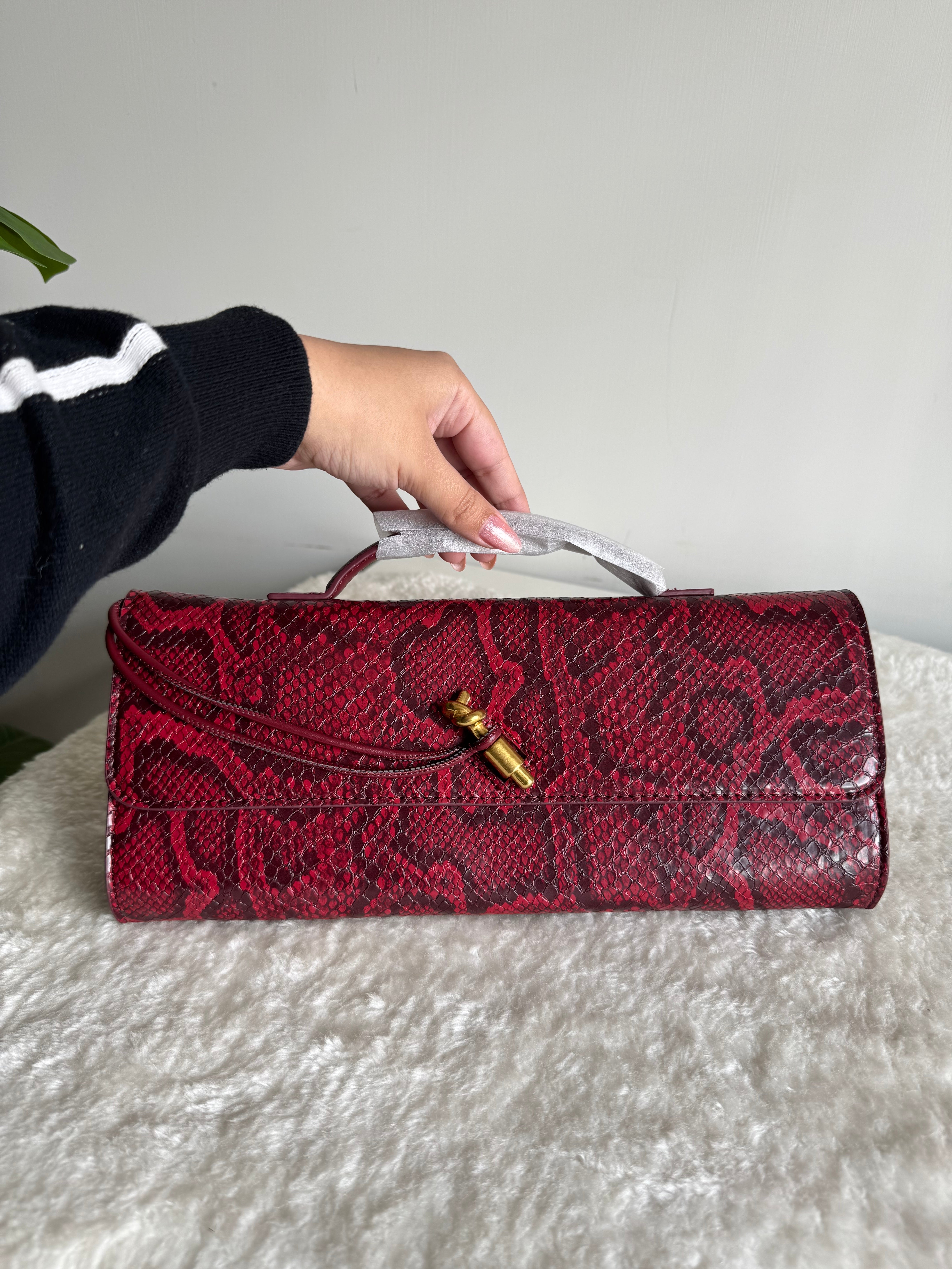 Bottega Veneta Inspired Clutch (Burgandy & Black Textured) with Long Strap
