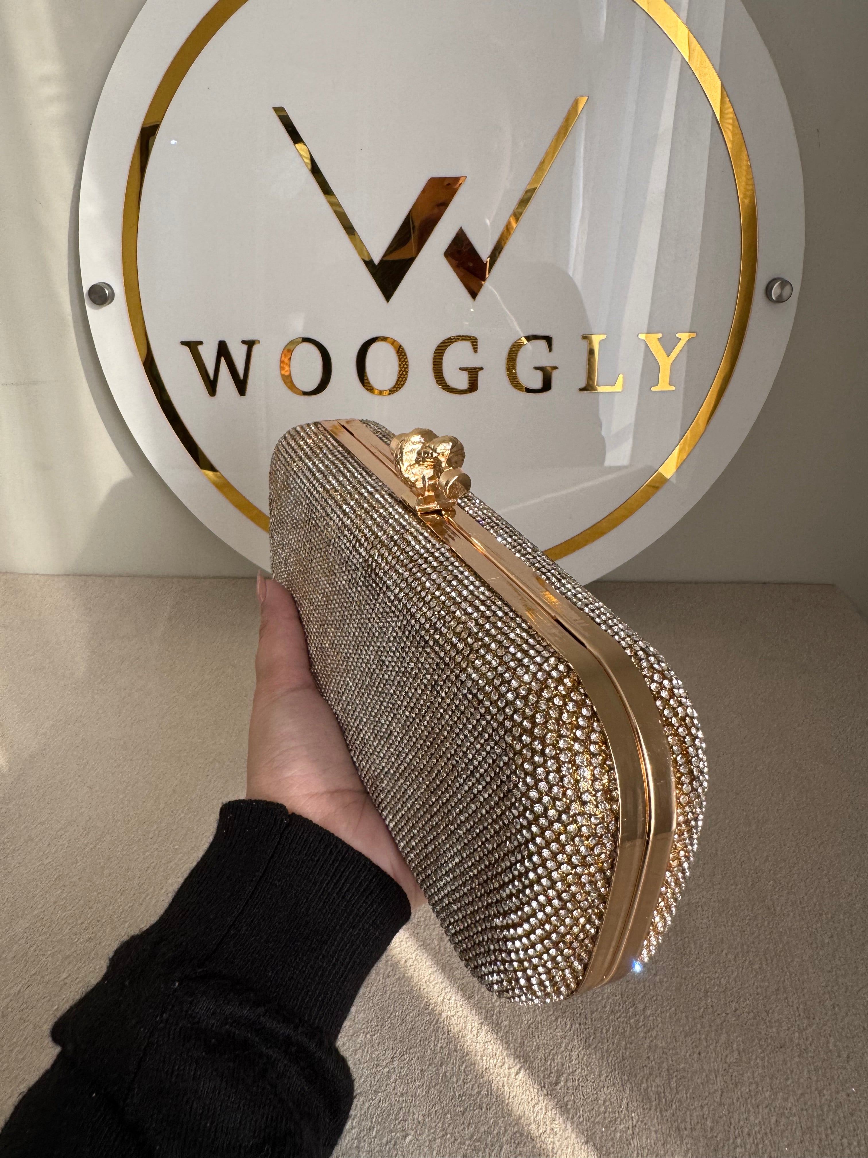 Bottega Shimmer Clutch - Rose Gold with Chain