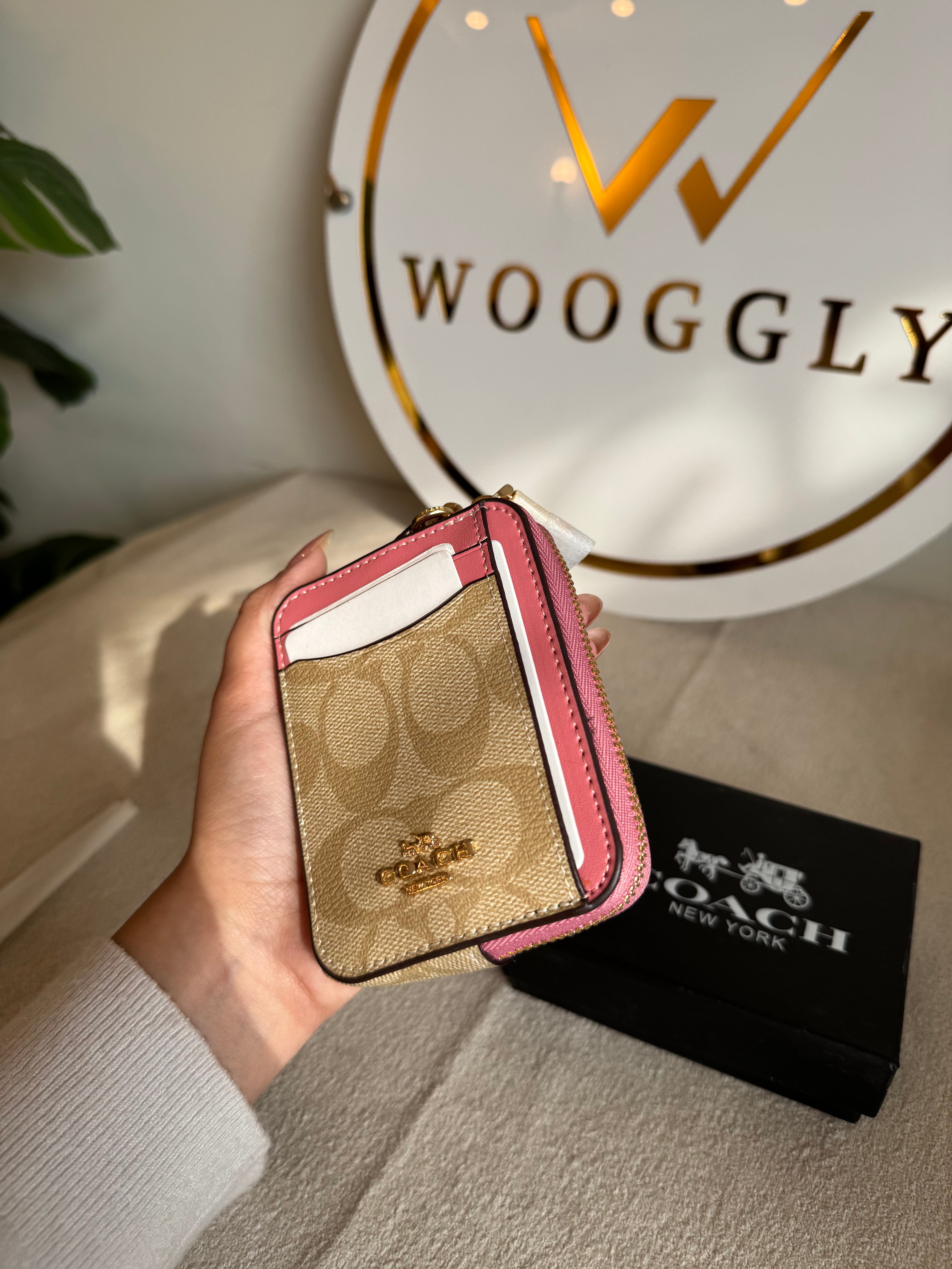 Coach Zip Card Case with Box Packing - Apricot Beige with Pink
