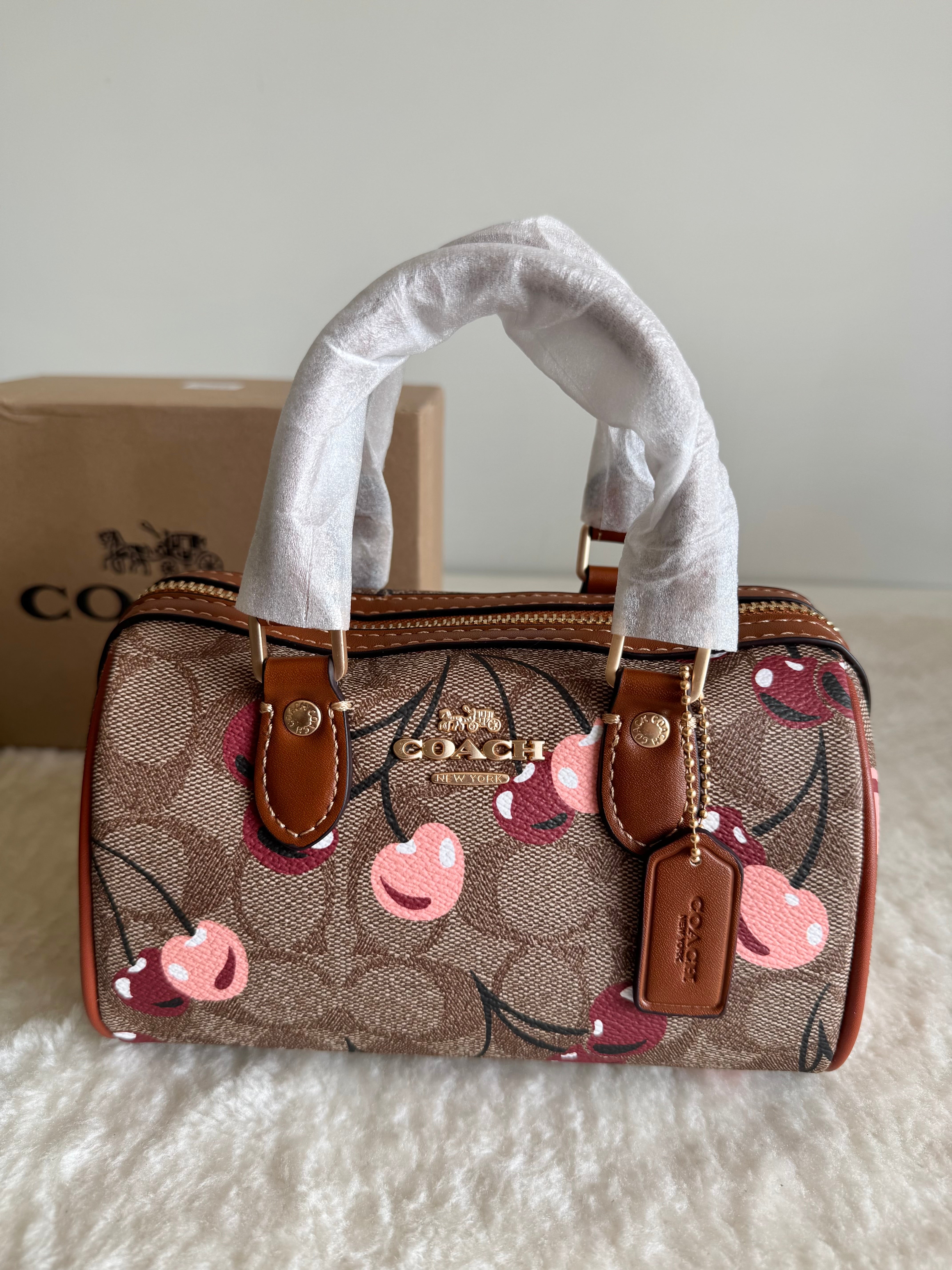 COACH Mini Duffle Bag PREMIUM with Long Strap (Beige Cherry) - BOX PACKING