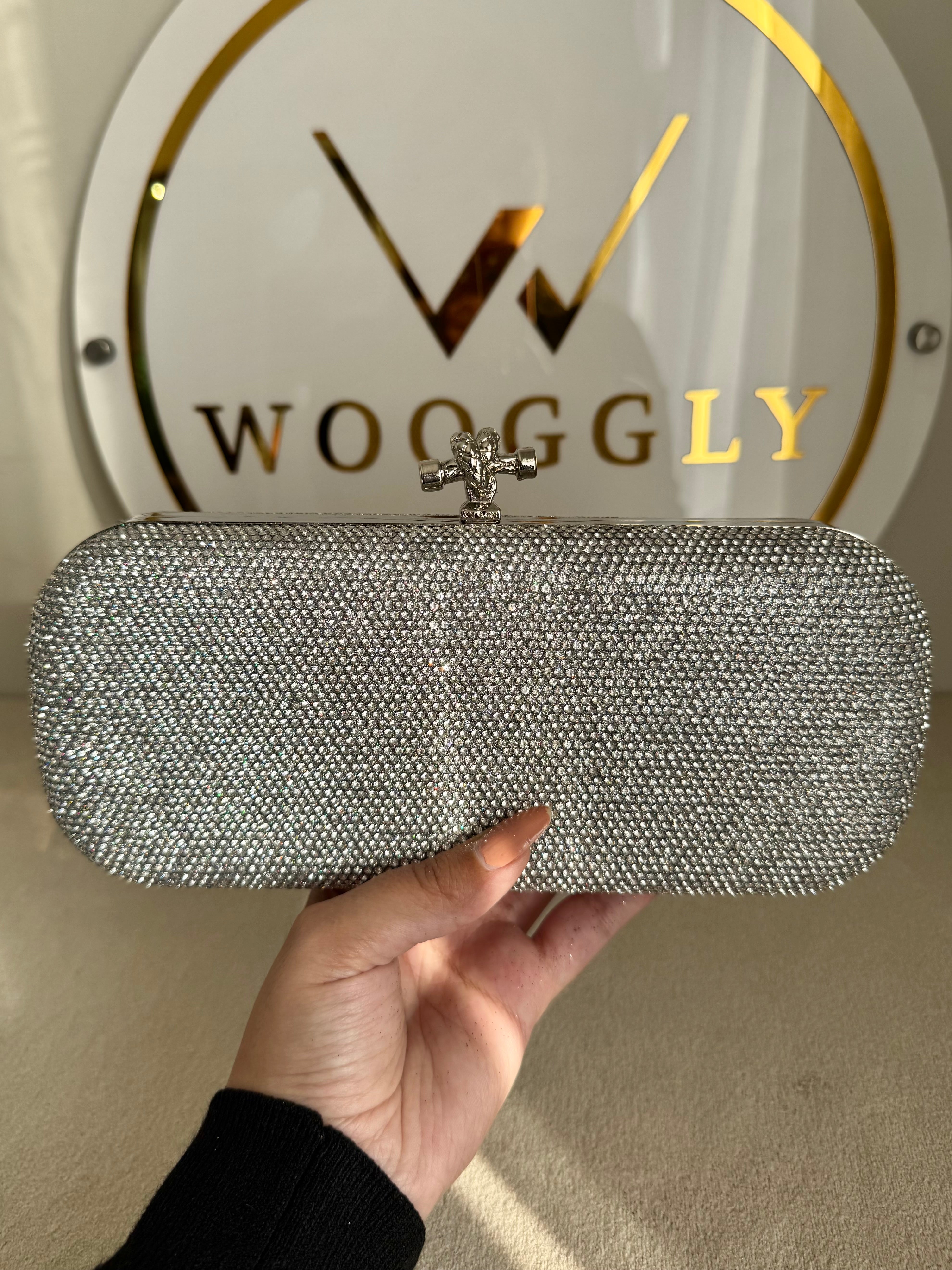 Bottega Shimmer Clutch - Silver with Chain