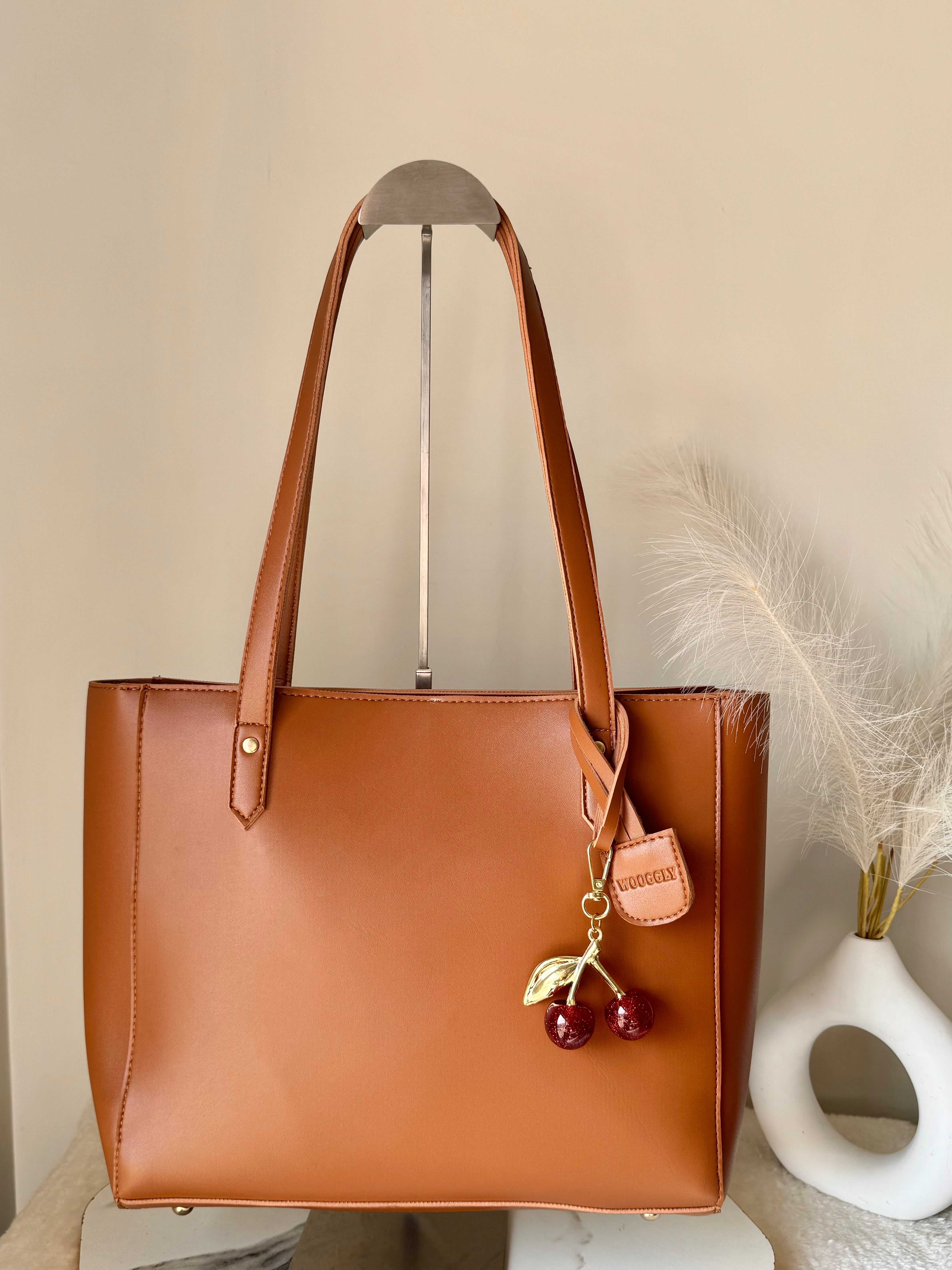 Wooggly Signature Tote Bag with Cherry Charm - Light Brown