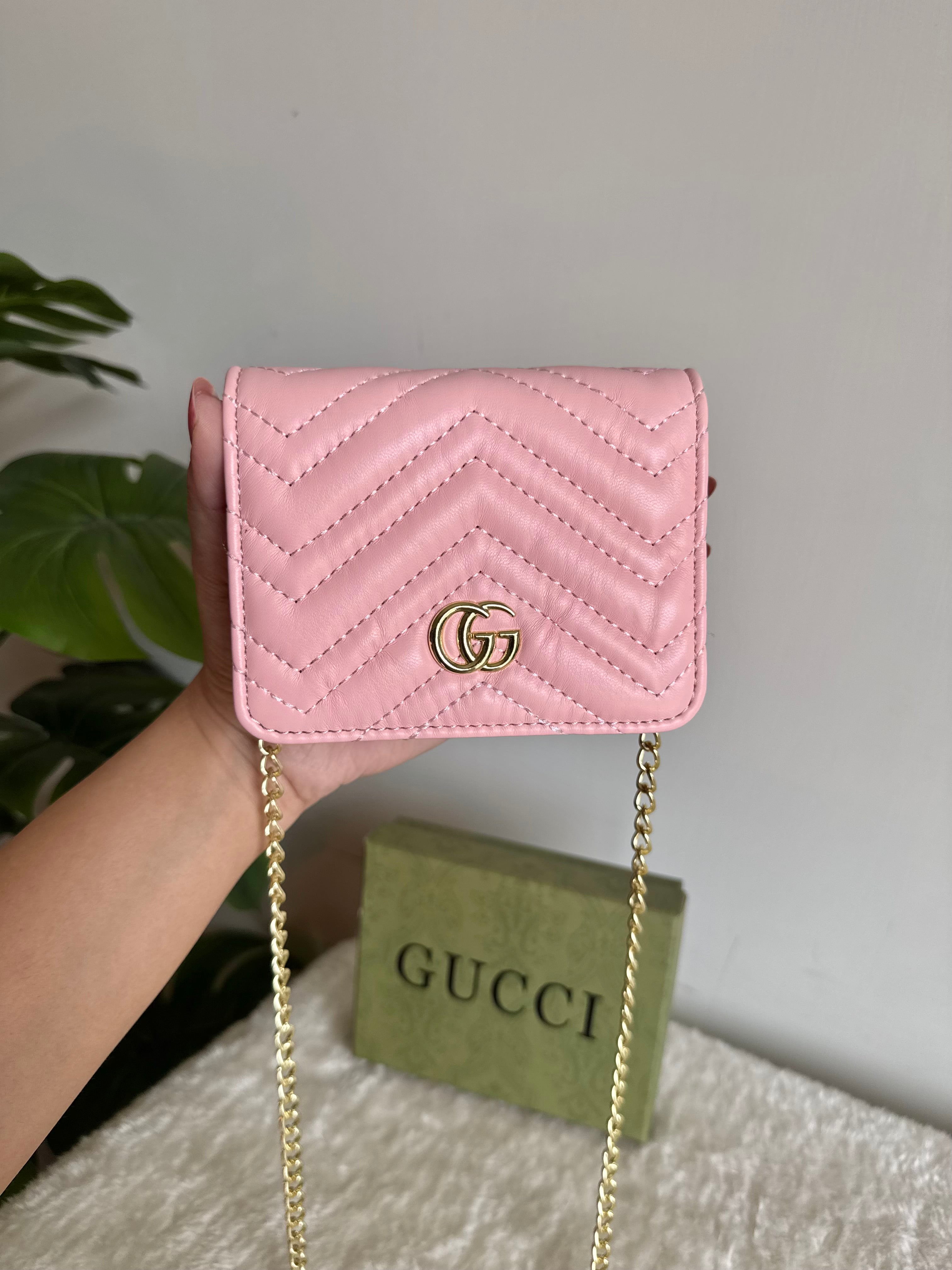 Gucci Wallet Quilted with Detachable Chain - Baby Pink