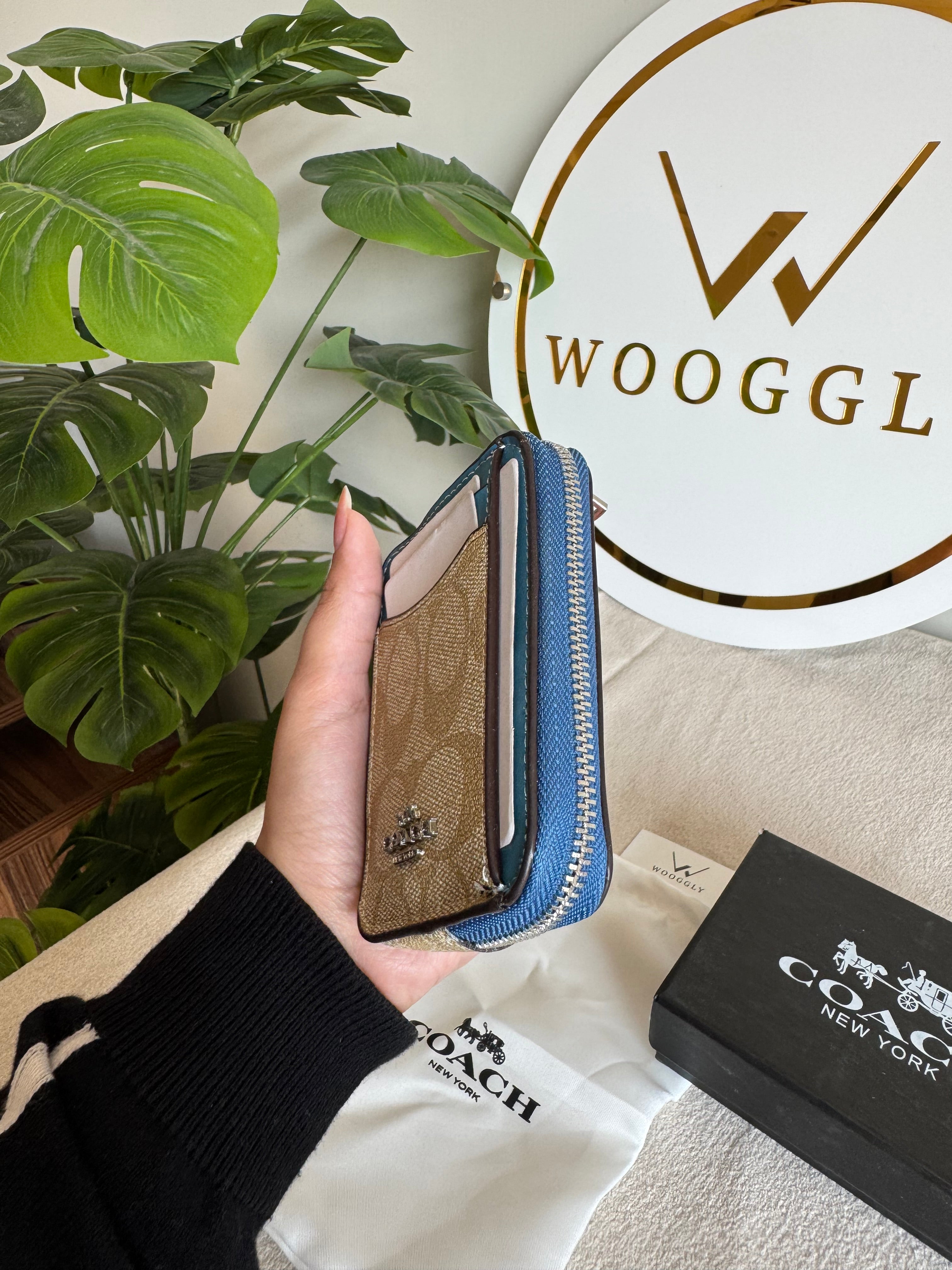 Coach Zip Card Case with Box Packing - Signature Beige with Blue