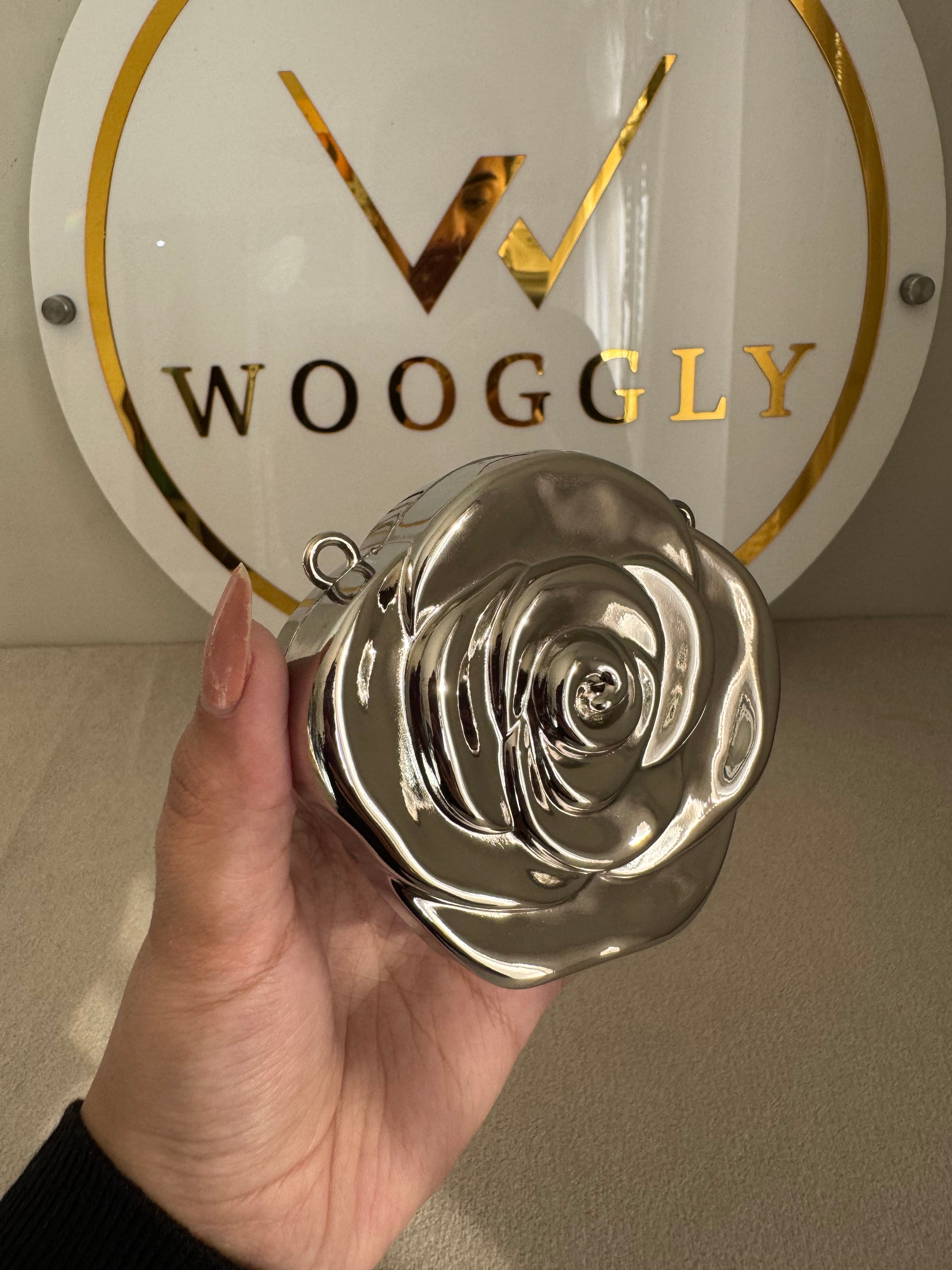 Metallic Rose Clutch with Chain - Mini Silver