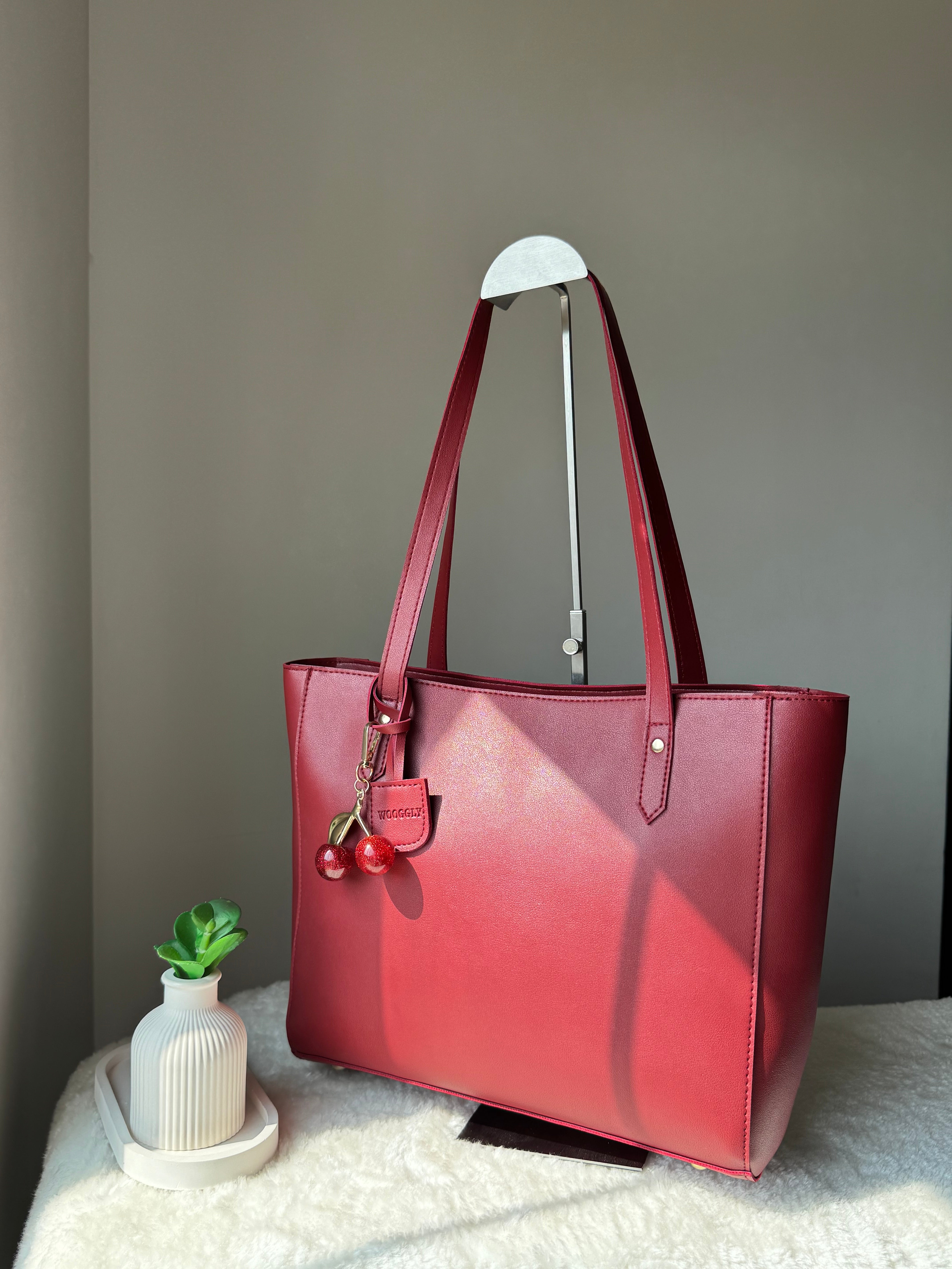 Wooggly Signature Tote Bag with Cherry Charm - Maroon
