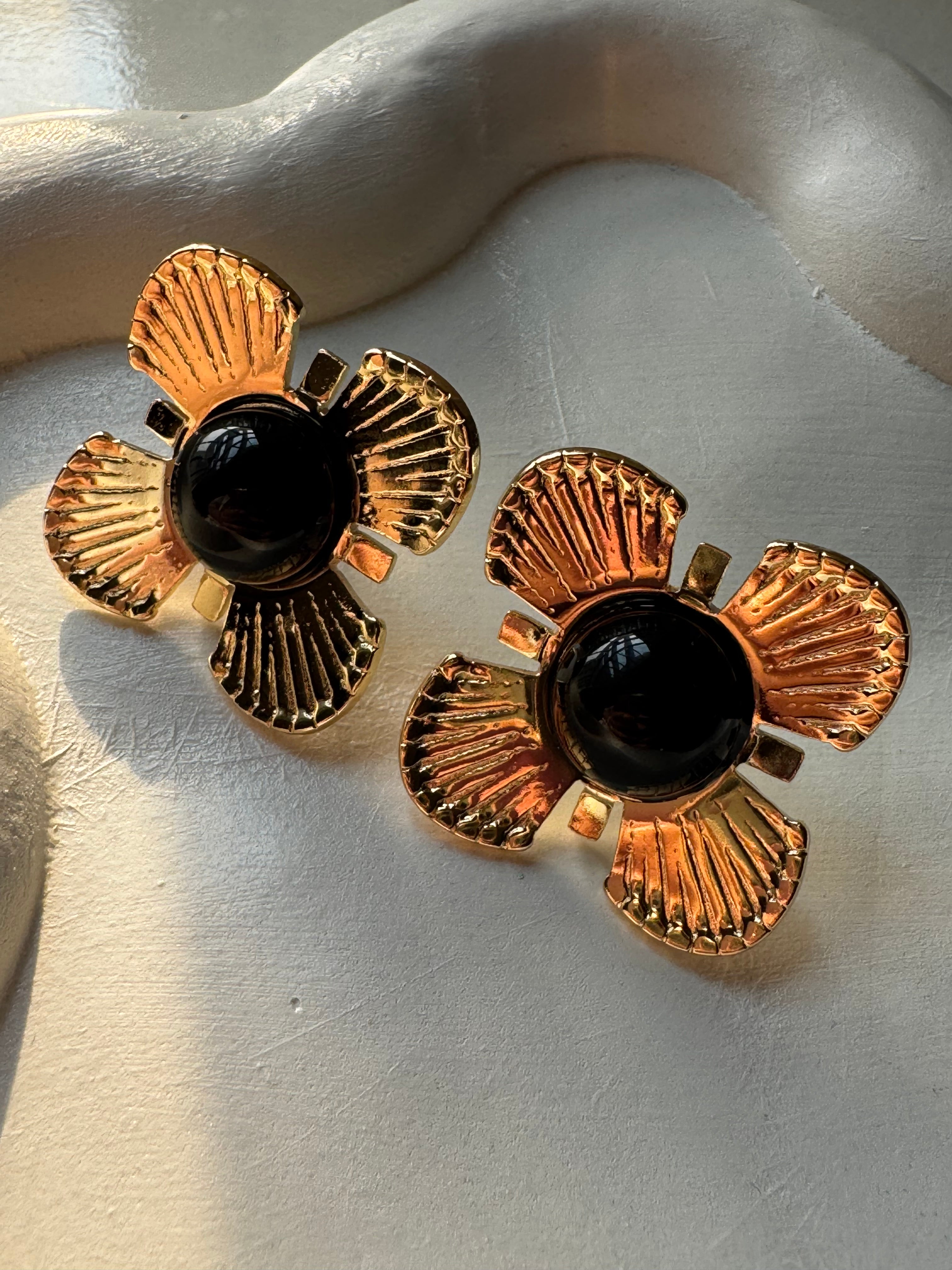Black Floral Studs - 18K Gold Plated