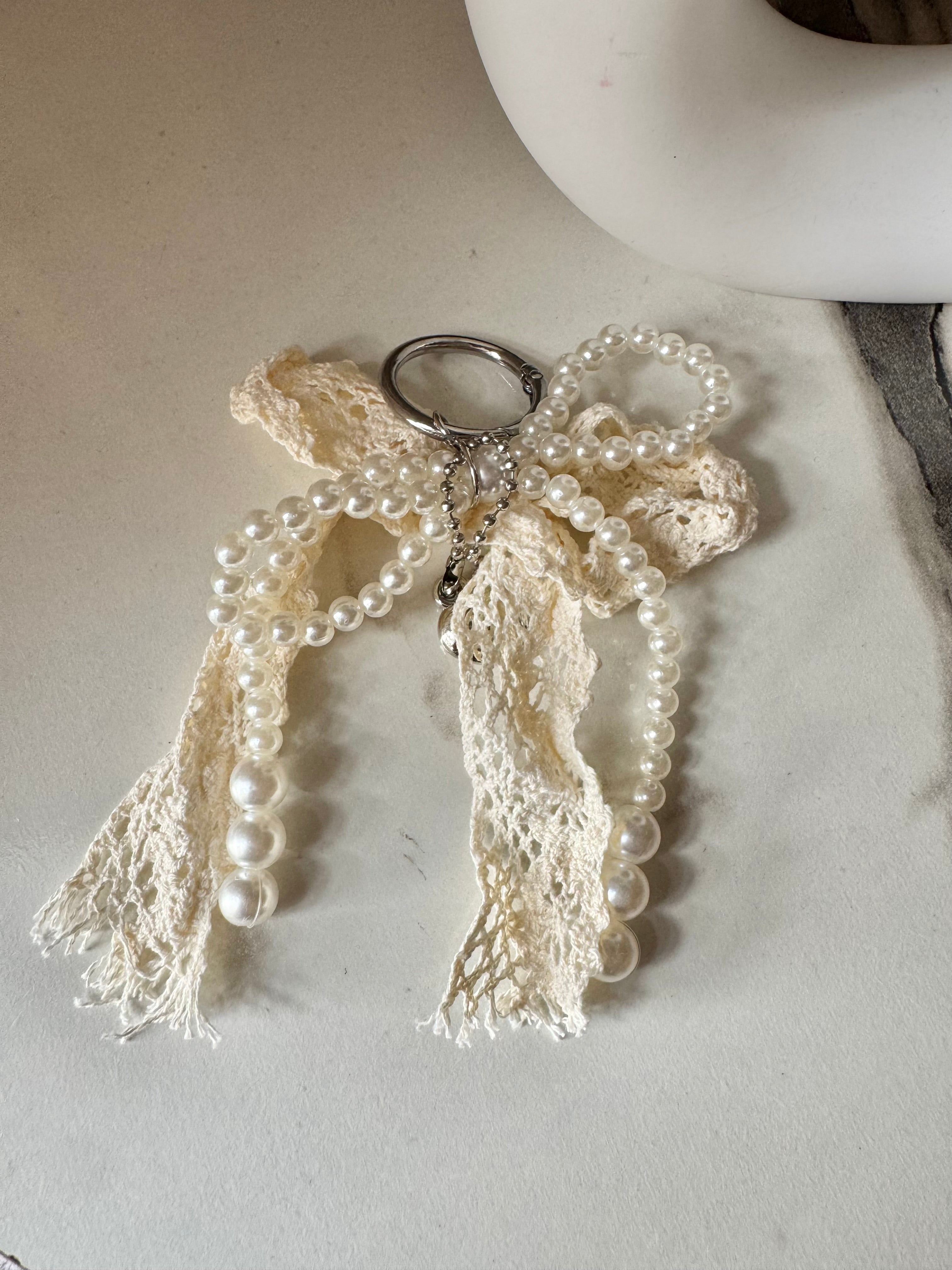 Pearl Heart Bow Bag Charm