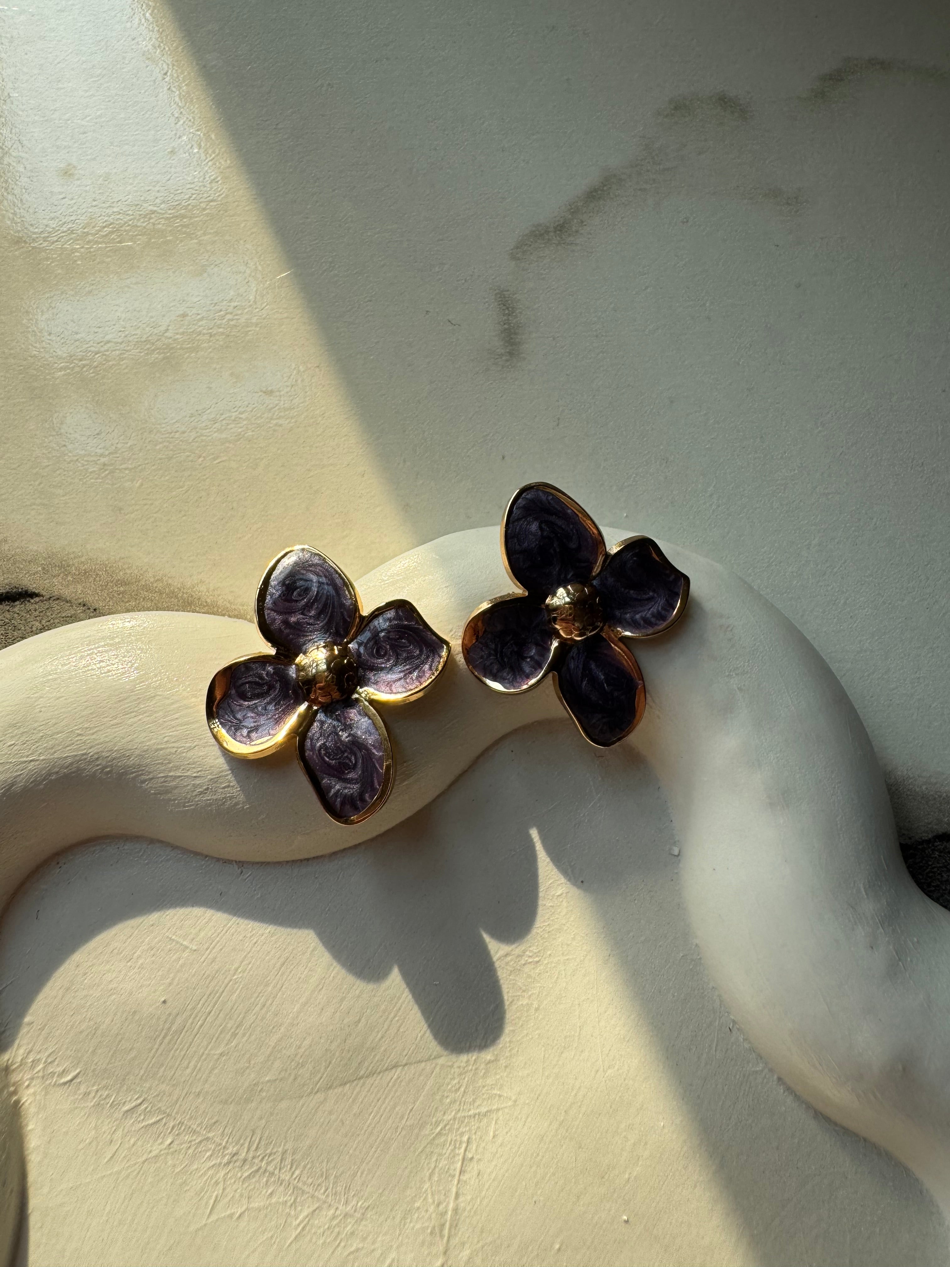 Velvet Floral Studs - Purple & Gold
