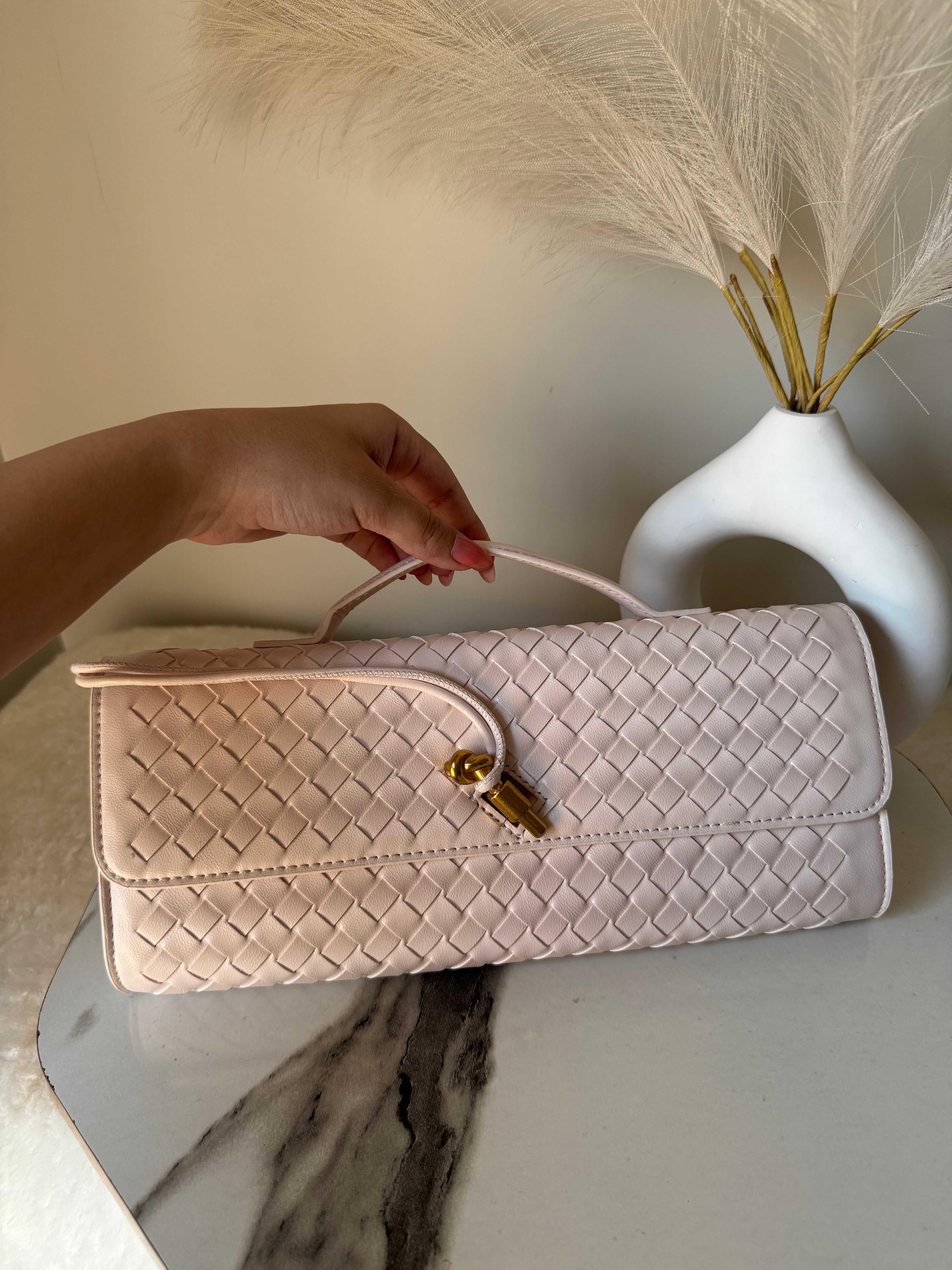 Bottega Veneta Inspired Clutch (Off White) with Long Strap