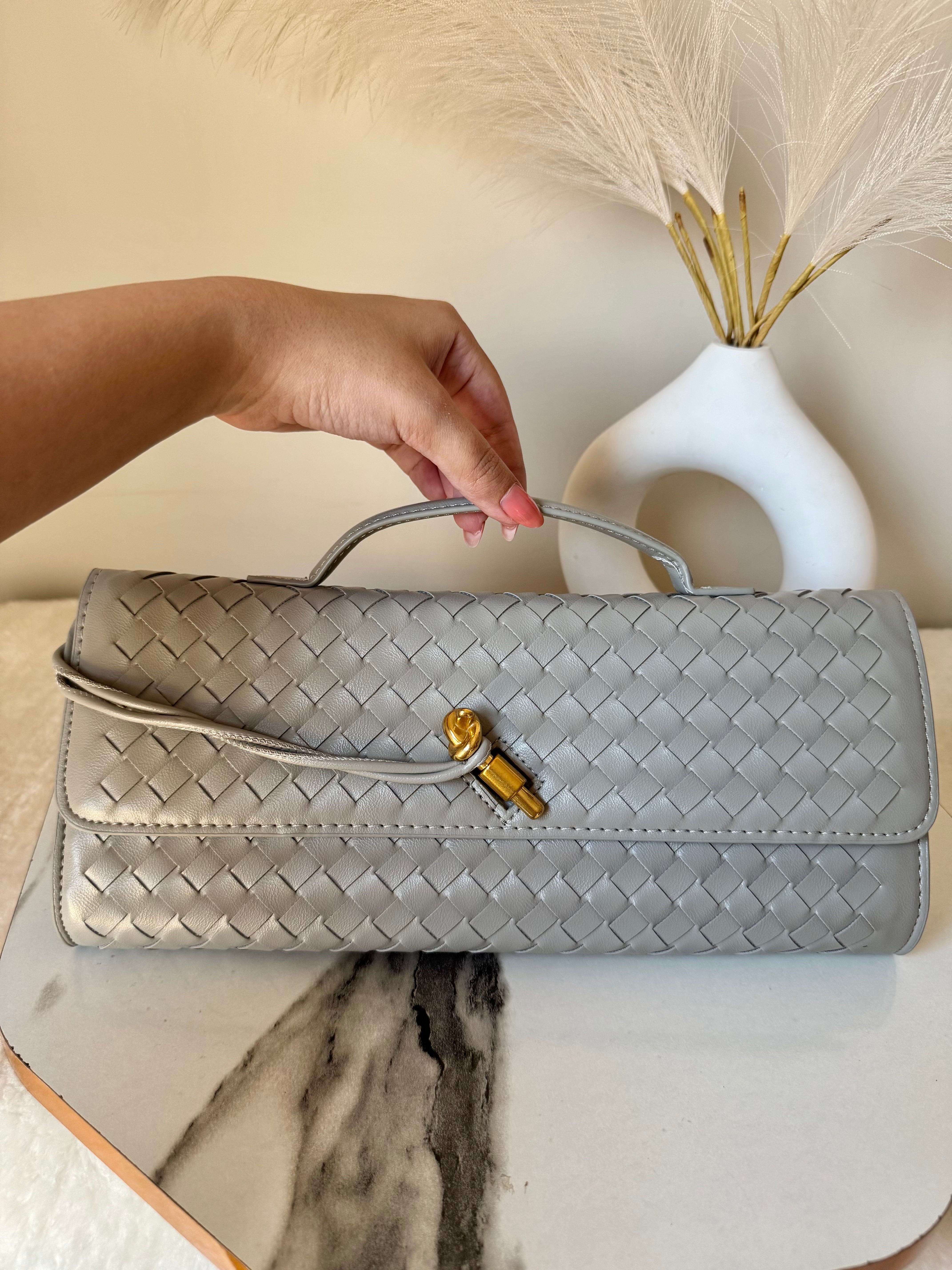 Bottega Veneta Inspired Clutch (Grey) with Long Strap