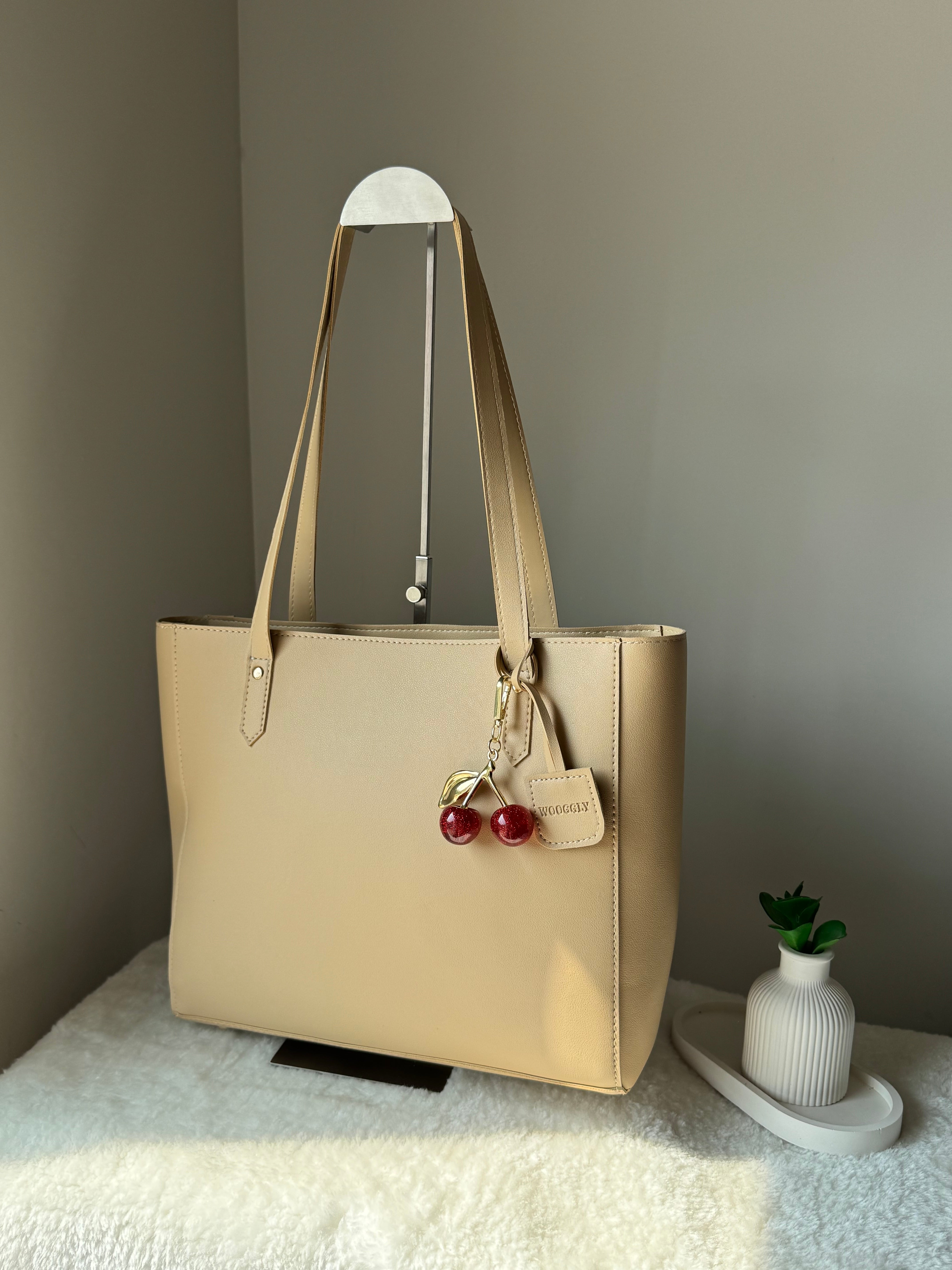 Wooggly Signature Tote Bag with Cherry Charm - Beige
