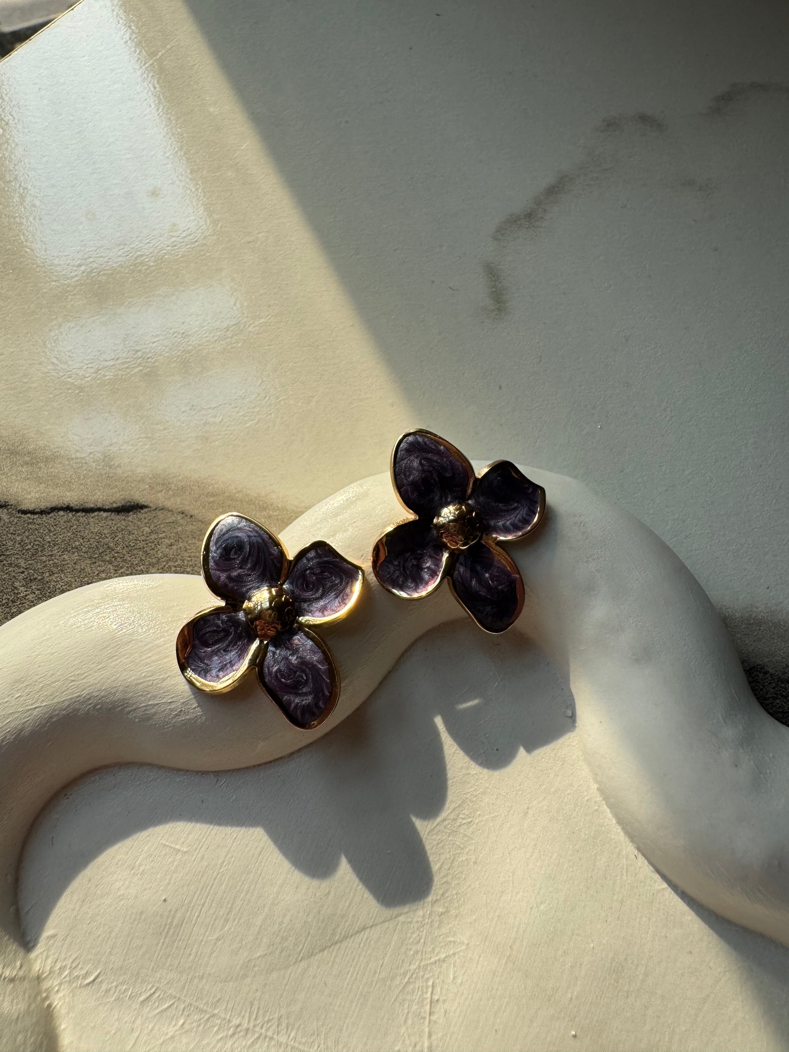 Velvet Floral Studs - Purple & Gold