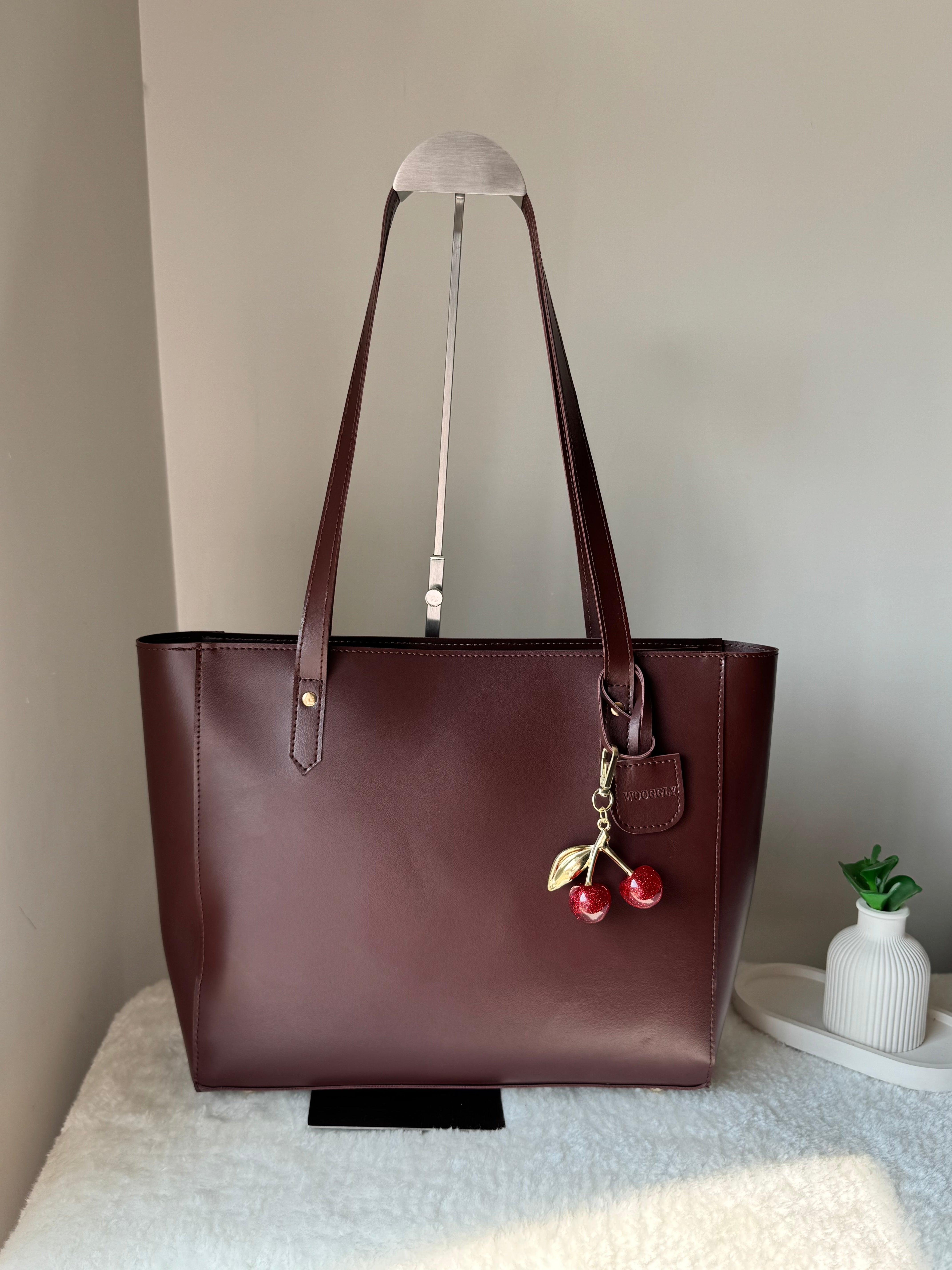 Wooggly Signature Tote Bag with Cherry Charm - Chocolate Brown
