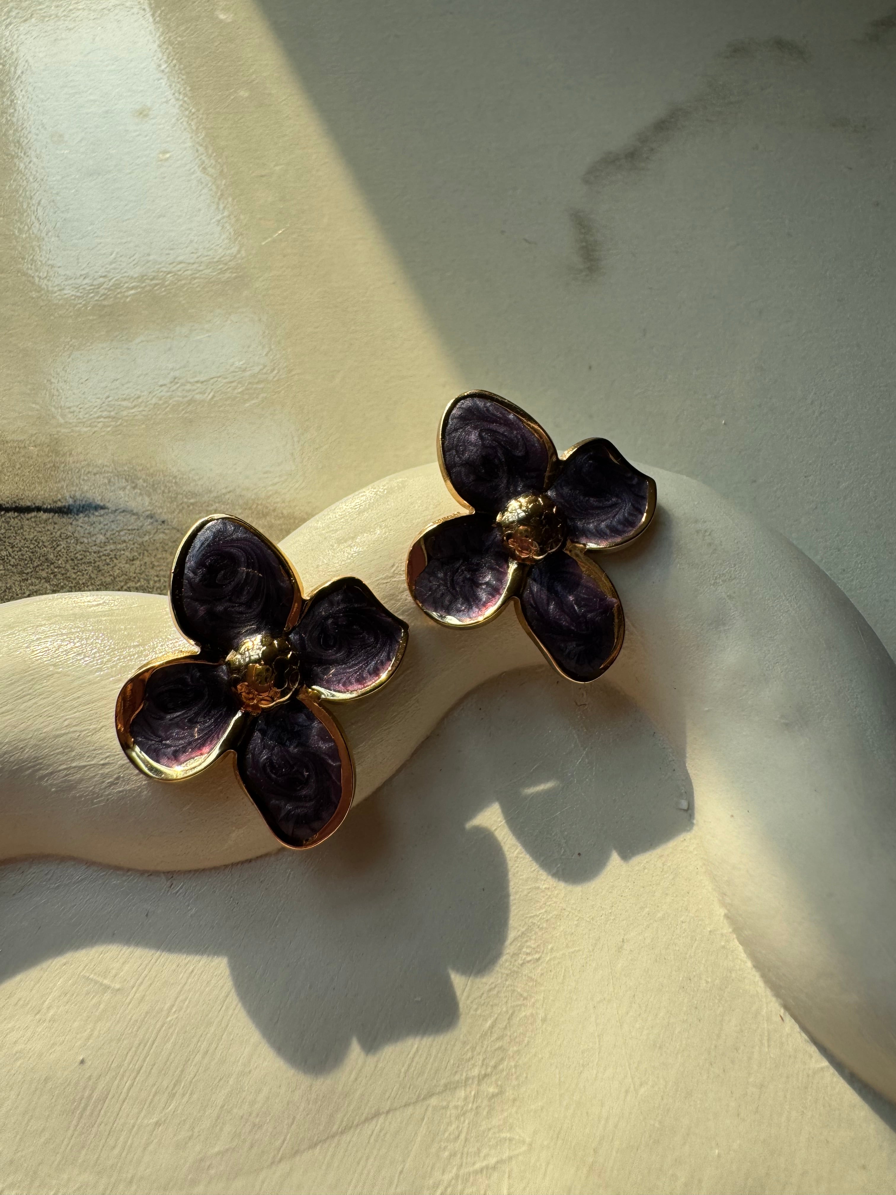 Velvet Floral Studs - Purple & Gold