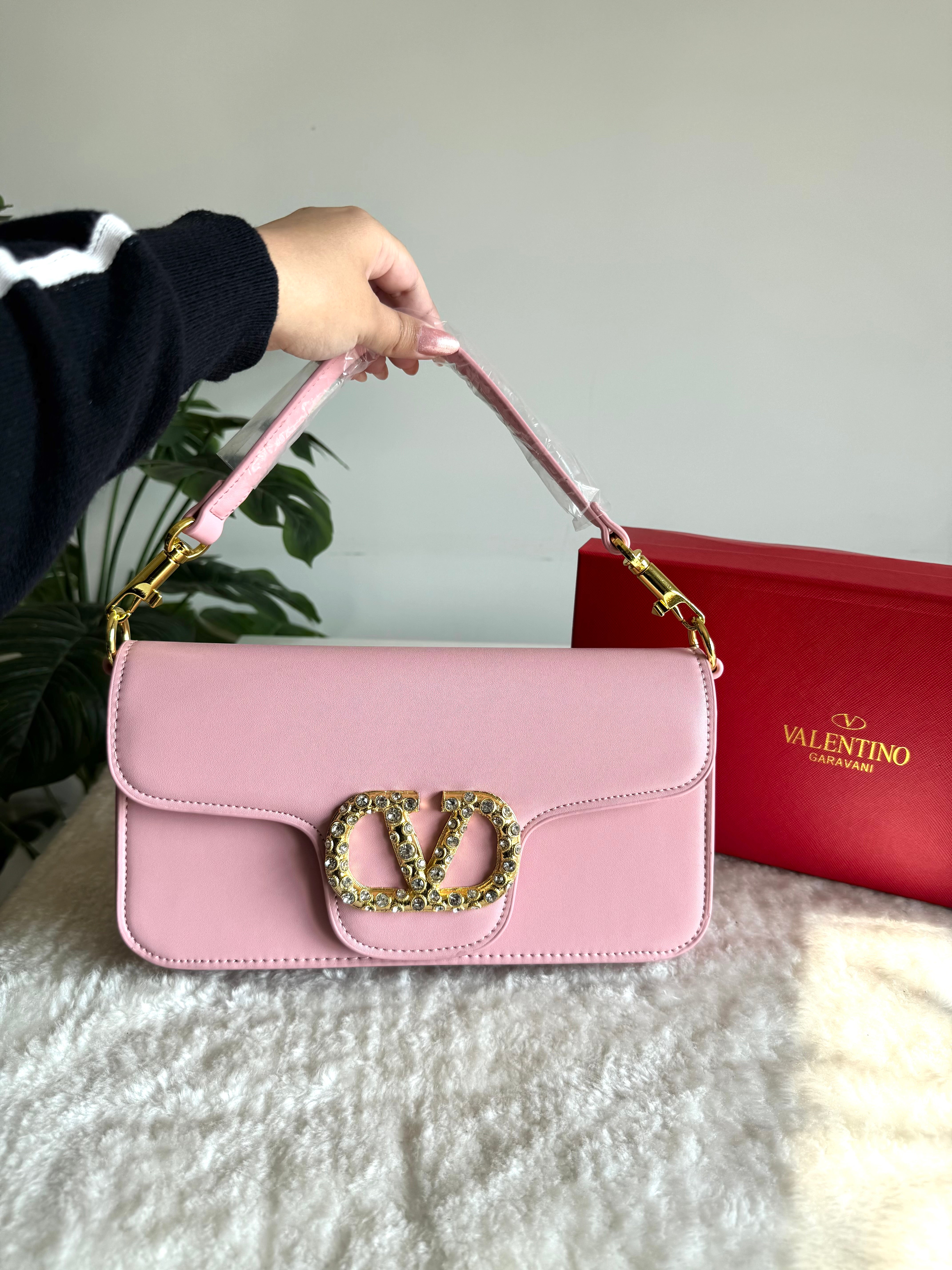 Valentino Loco with Jewel Logo PREMIUM Handbag with Box Packing - Baby Pink